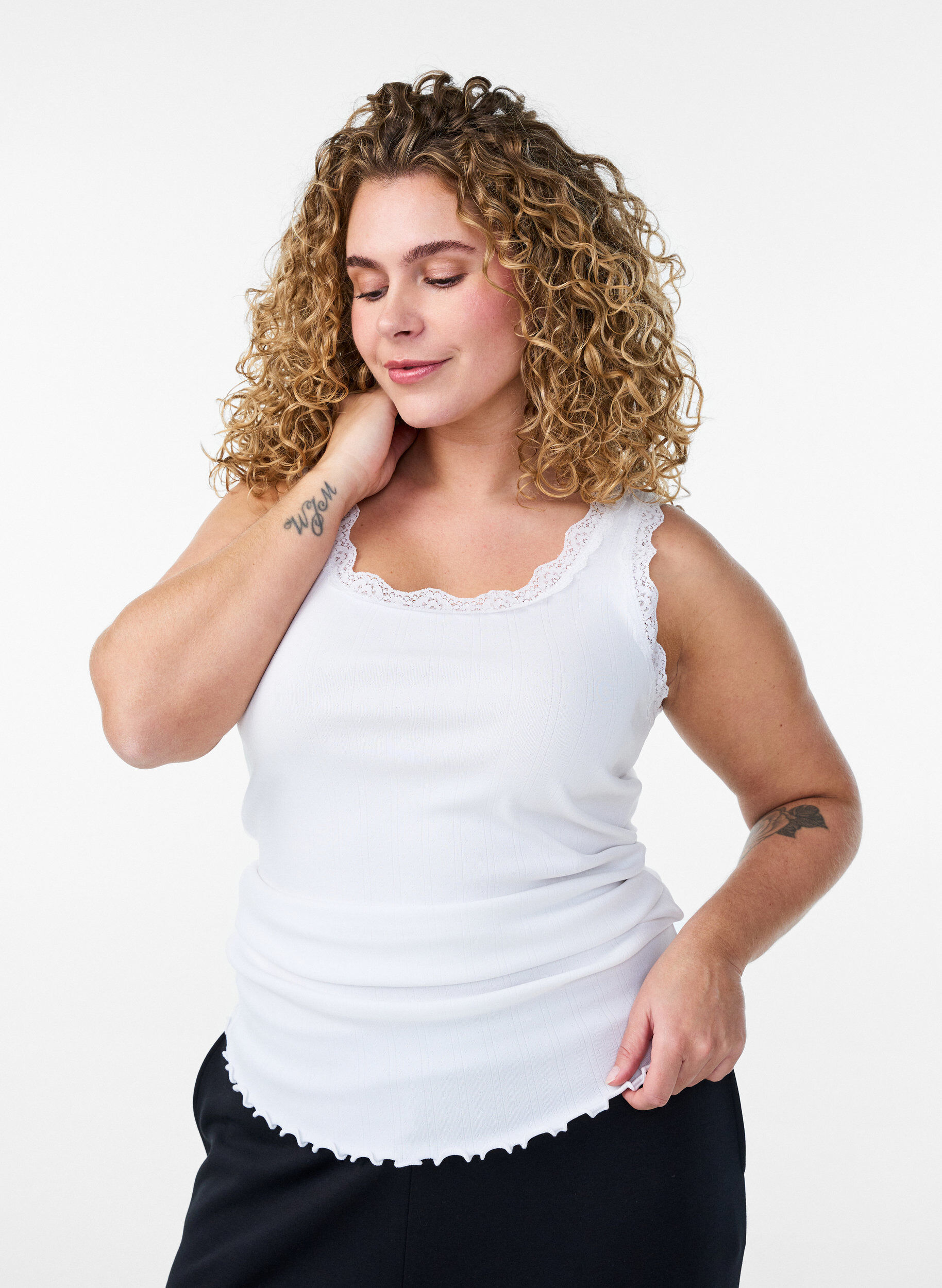 Zizzi Tanktop met kant en broderie anglaise, Wit, Model image number 0