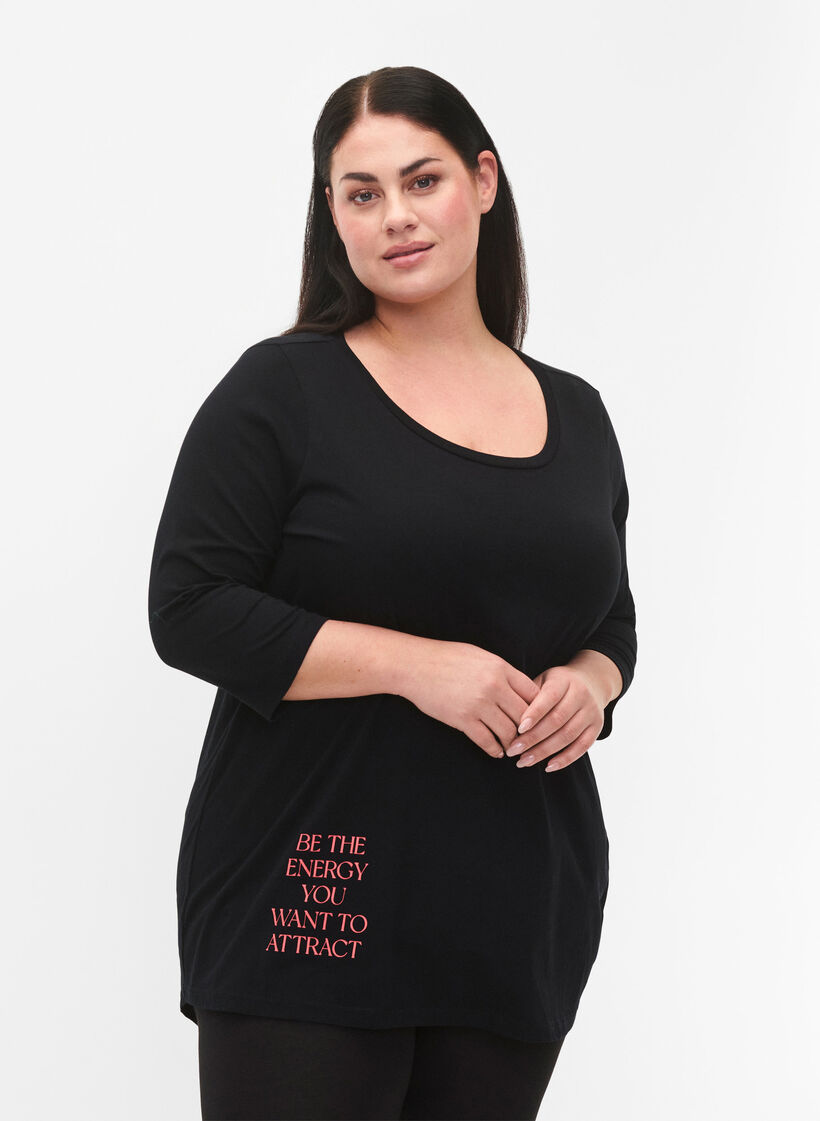 Katoenen t-shirt met 3/4 mouwen, Black, Model image number 0