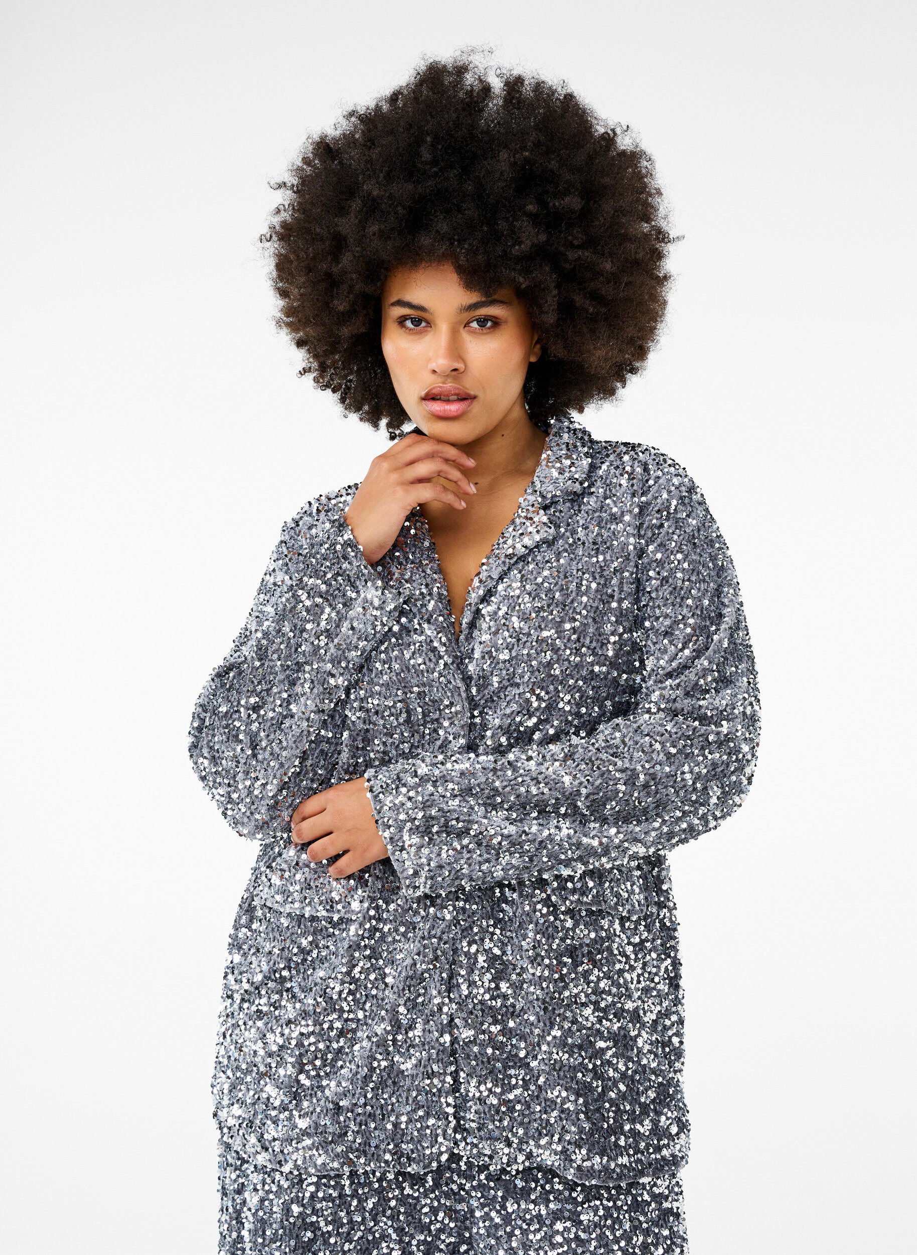 Zizzi Pailletten blazer met zakken, Silver, Model image number 0