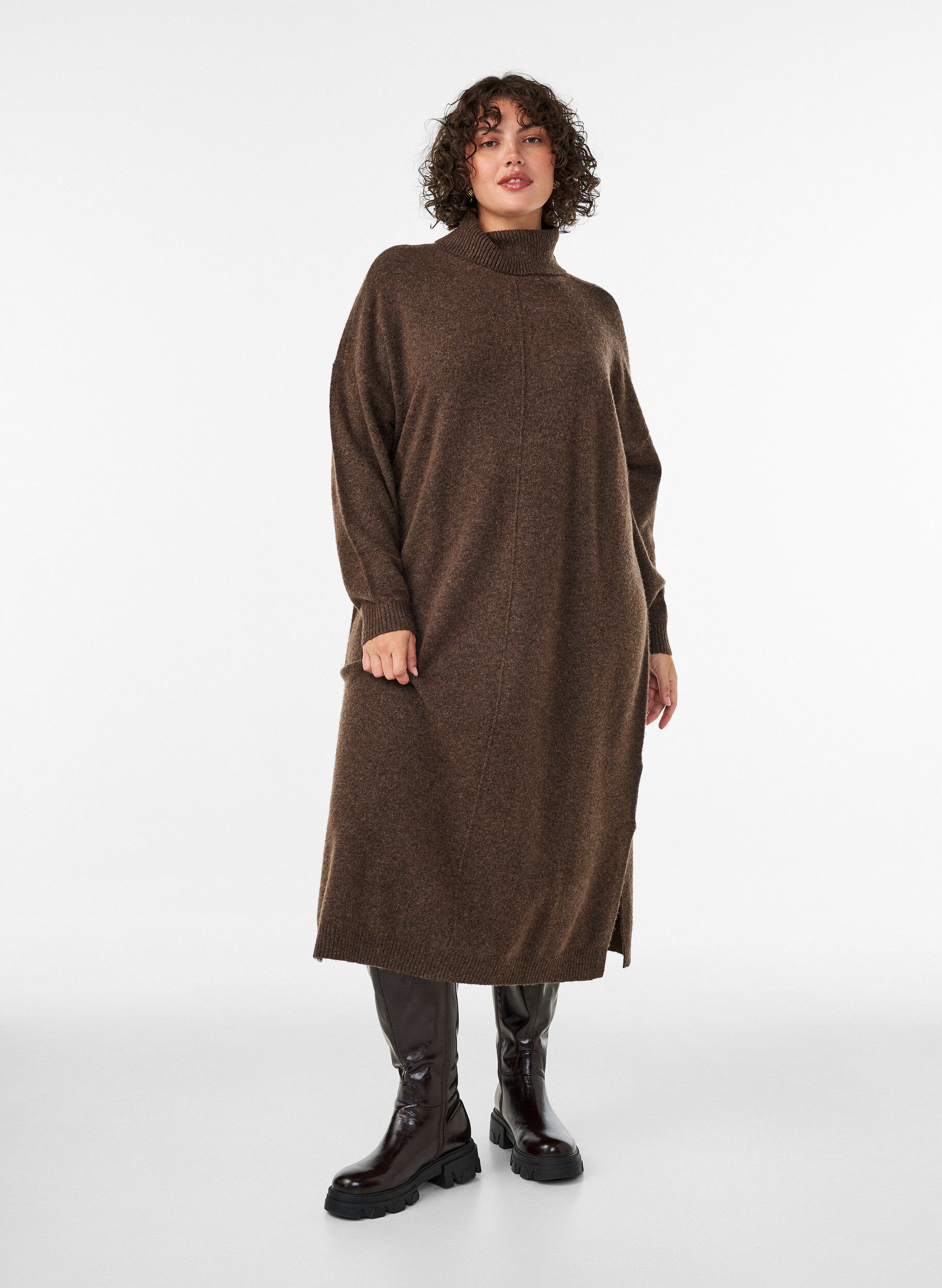 ZizziJumperjurk met col en splitjes, Bruin, Model image number 0