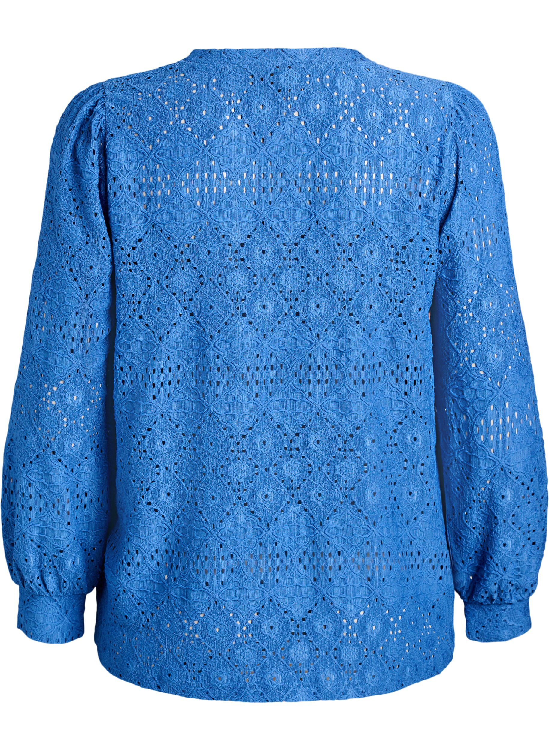 Zizzi Blouse met lange mouwen en opengewerkte borduursels, Blauw, Packshot image number 1
