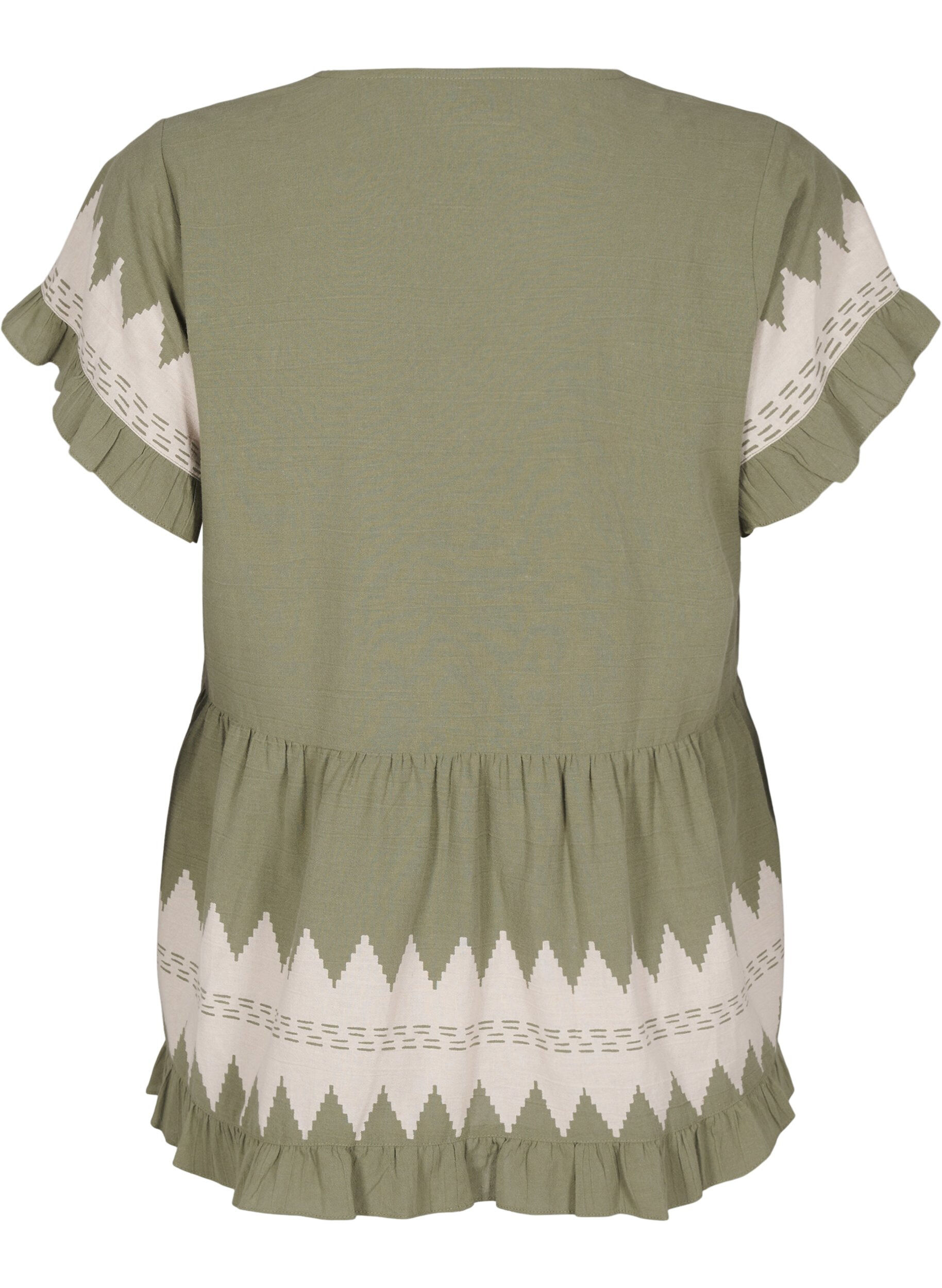 Zizzi Blouse met korte mouwen, ruches en grafisch patroon, Groen, Packshot image number 1