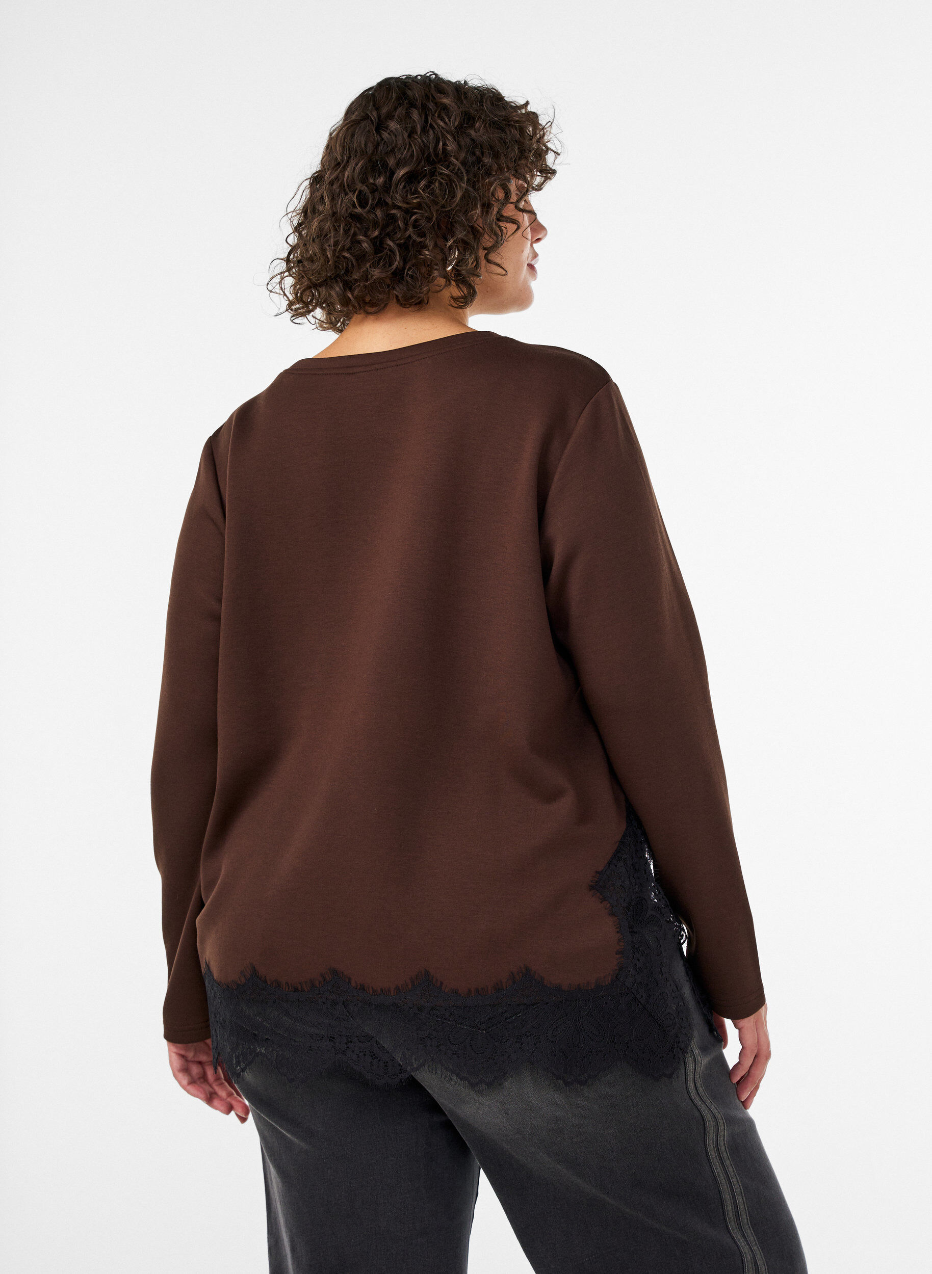 ZizziJersey blouse met kanten rand, Bruin, Model image number 2