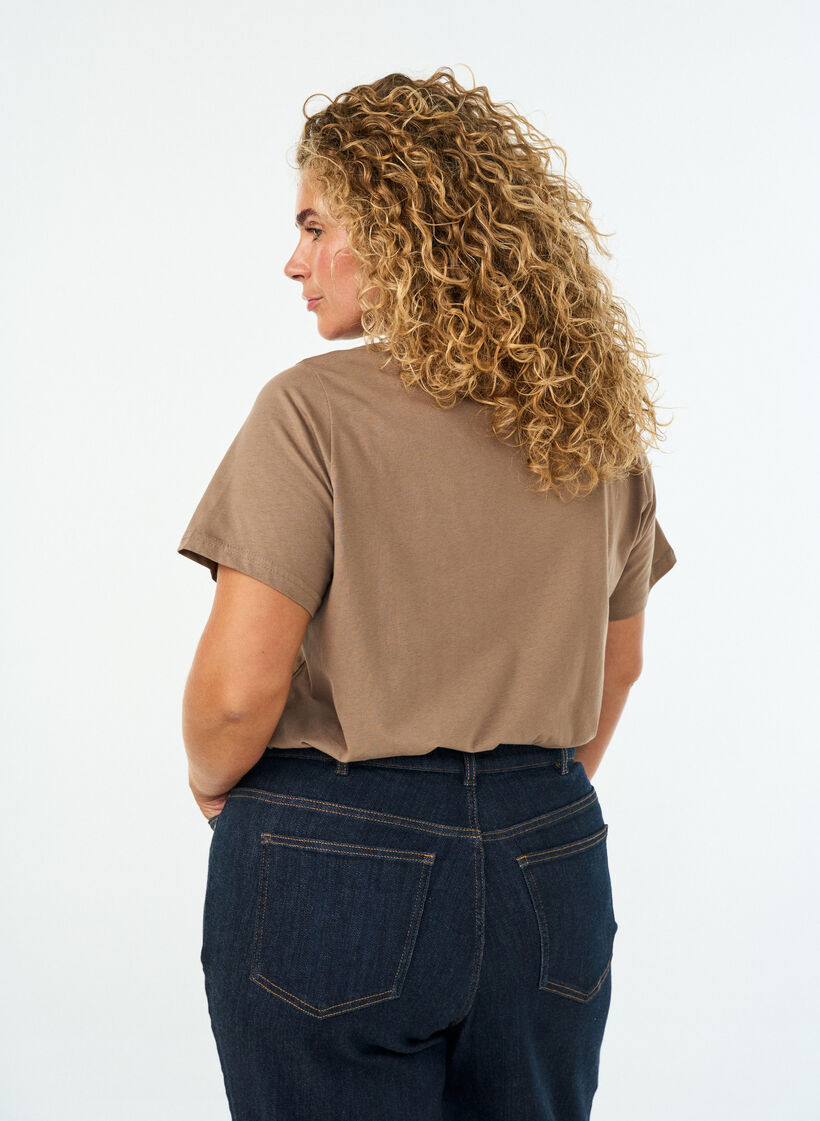 Katoenen T-shirt met V-hals en print aan de voorkant, Bruin, Model image number 2