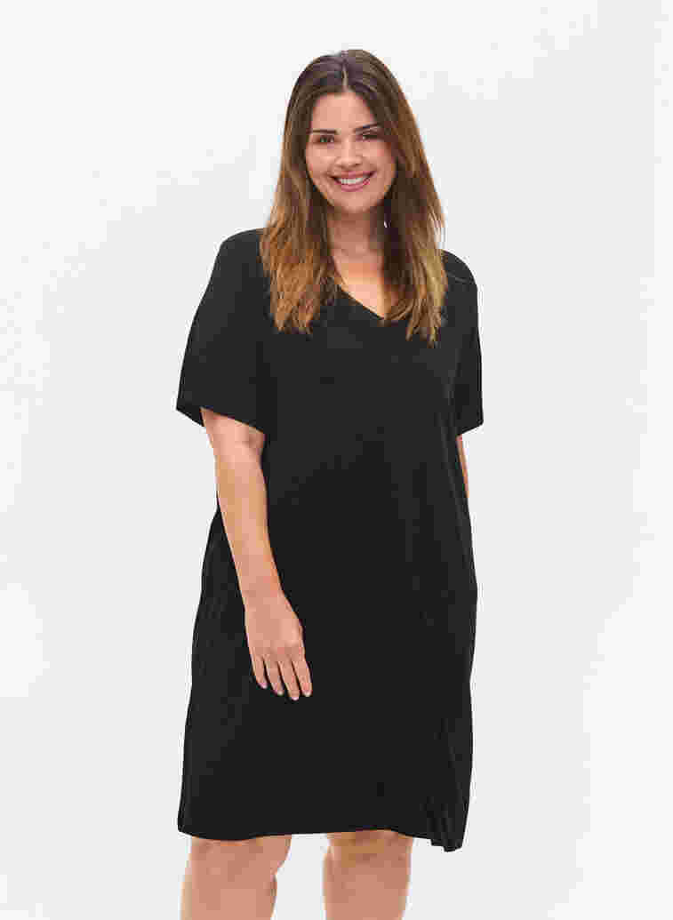 Viscose pyjama jurk met korte mouwen , Black, Model image number 0