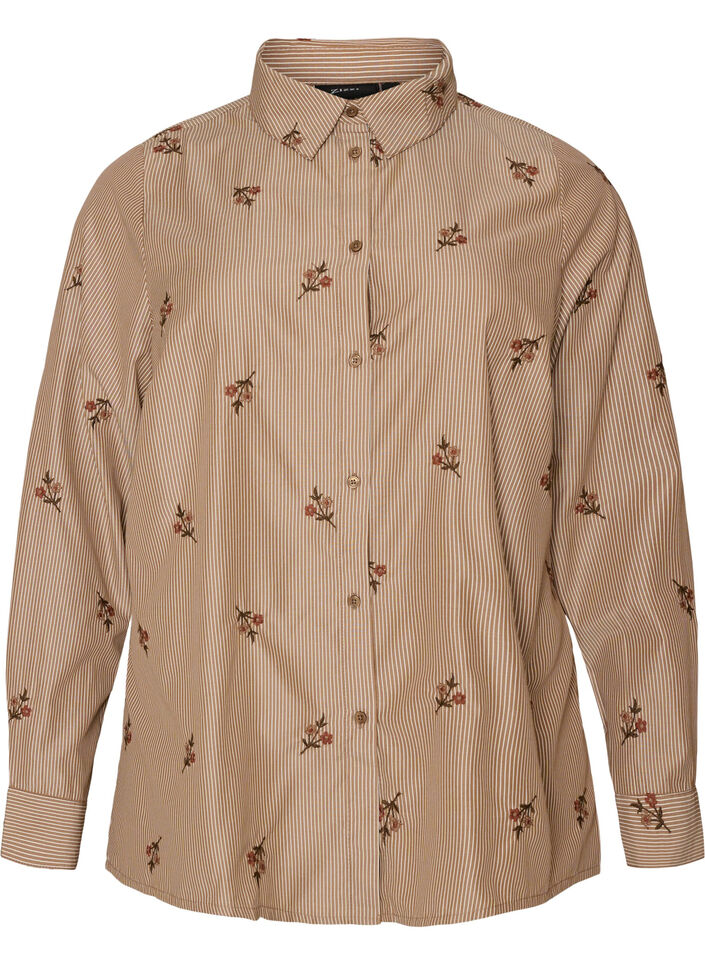 Gestreept shirt met geborduurde bloemen, Bruin, Packshot