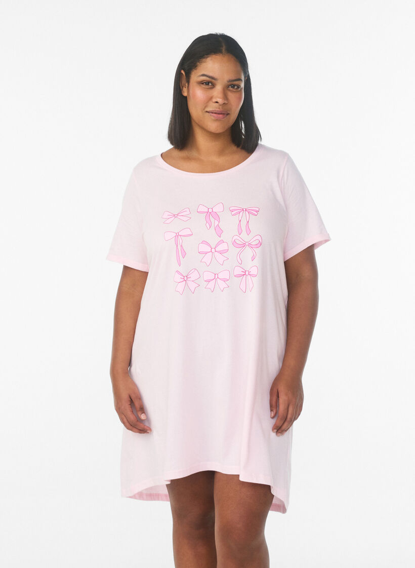 Nachtjapon met korte mouwen van biologisch katoen, Roze, Model image number 0