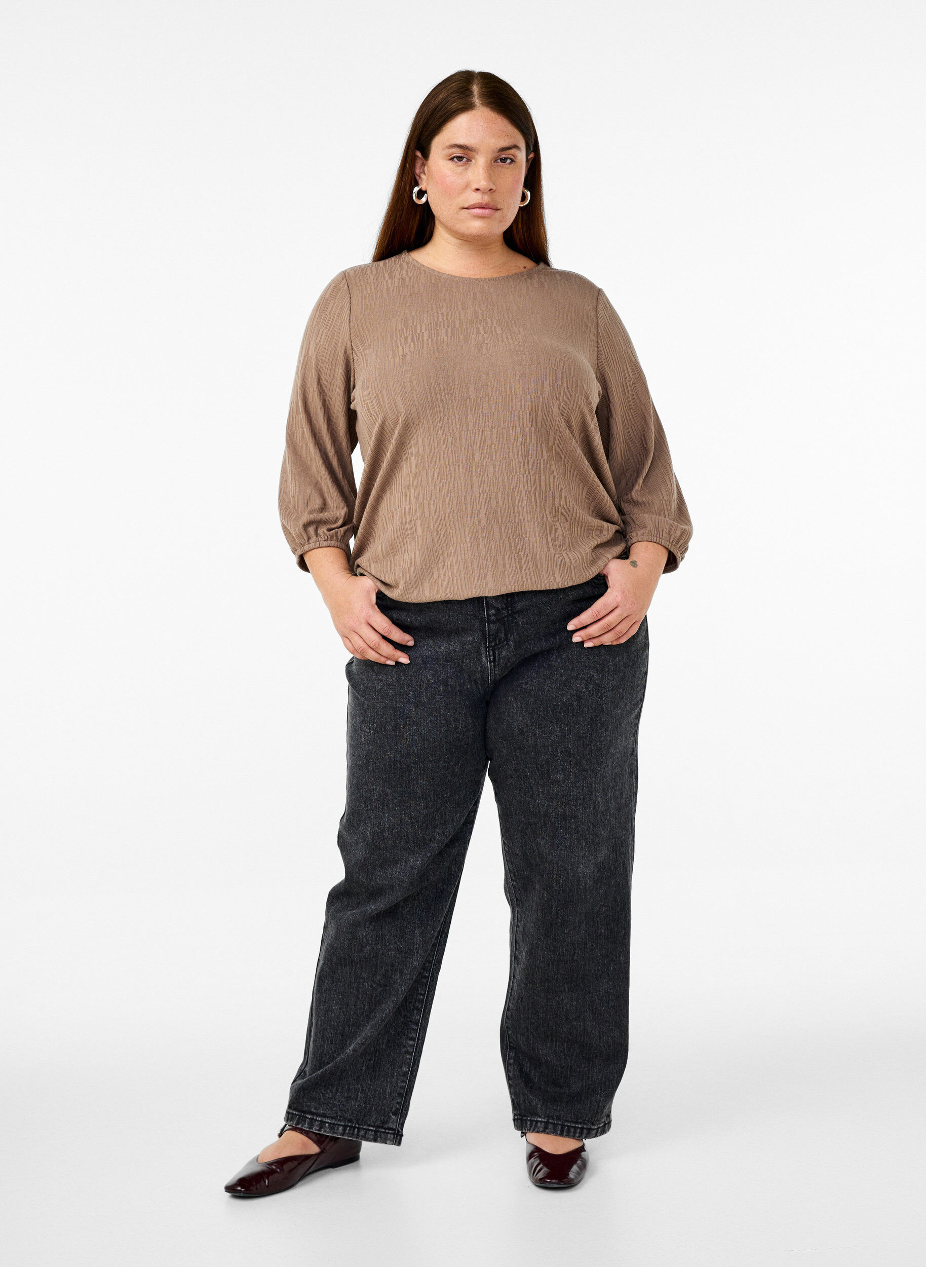 Zizzi Blouse met textuur en 3/4 mouwen, Bruin, Model image number 1