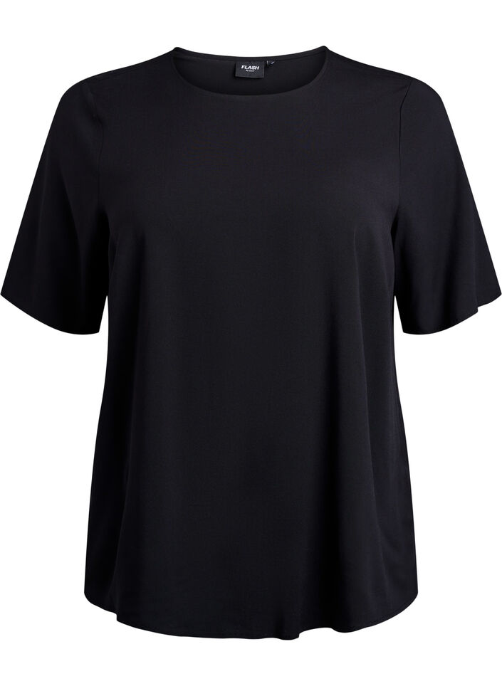 Geweven blouse met korte mouwen en ronde hals, Zwart, Packshot image number 0