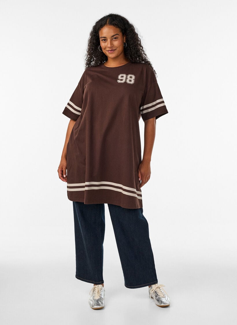 Short t-shirt dress with sporty details, Brown, Model image number 1
