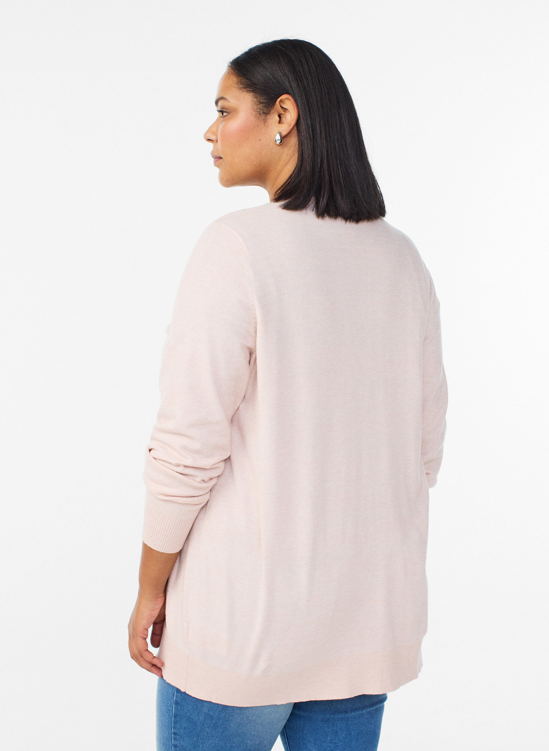 Zizzi Lange open knit vest met zakken, Roze, Model image number 2