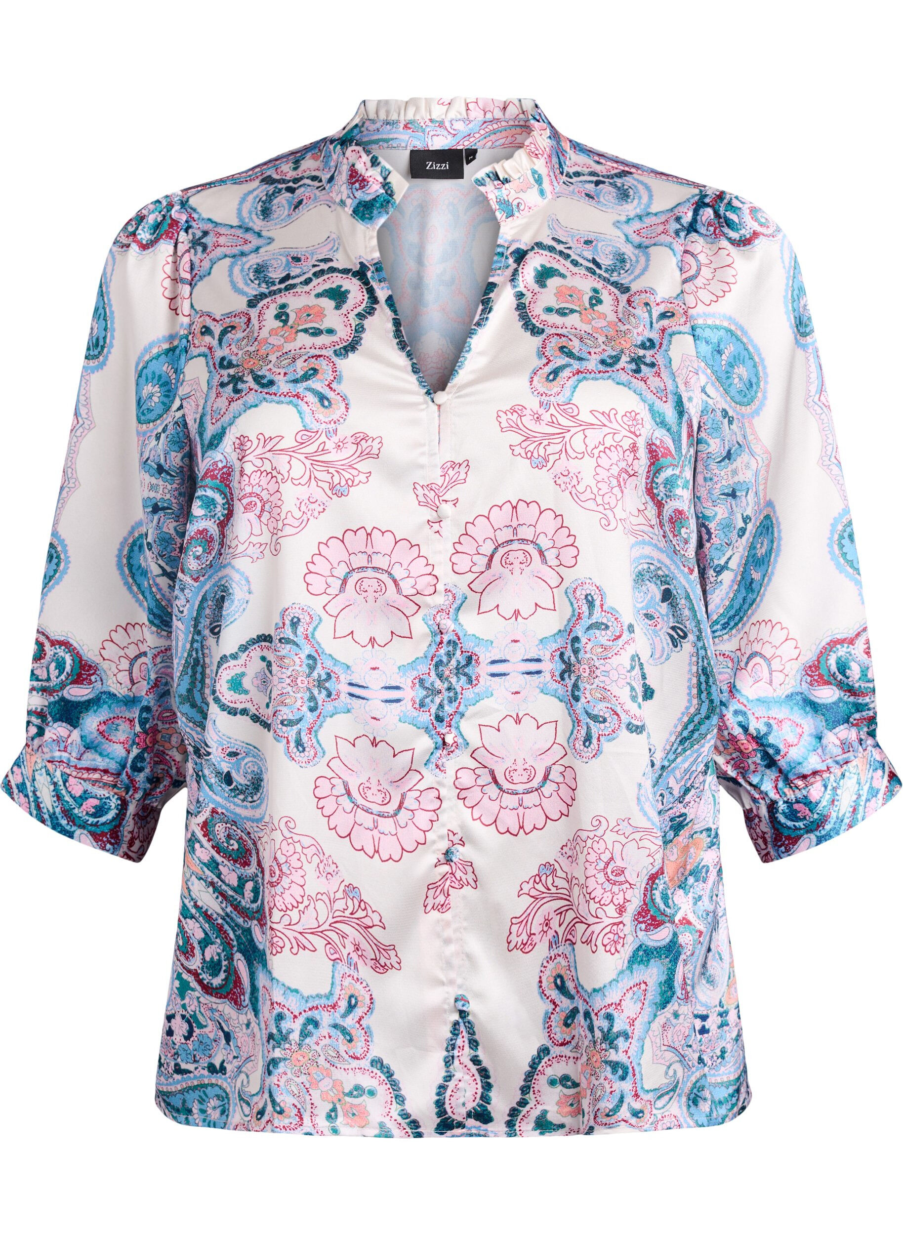 ZizziBlouse met satijn-look en paisleyprint met 3/4 mouwen, Blauw, Packshot image number 0