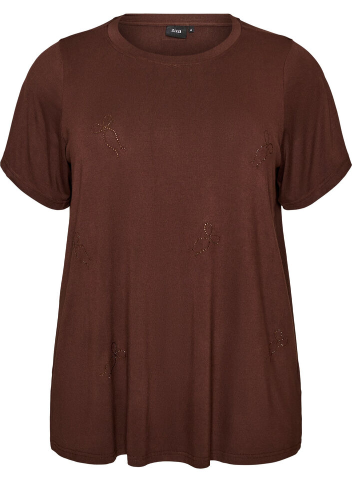 Viscose T-shirt met strassteentjes, Bruin, Packshot image number 0