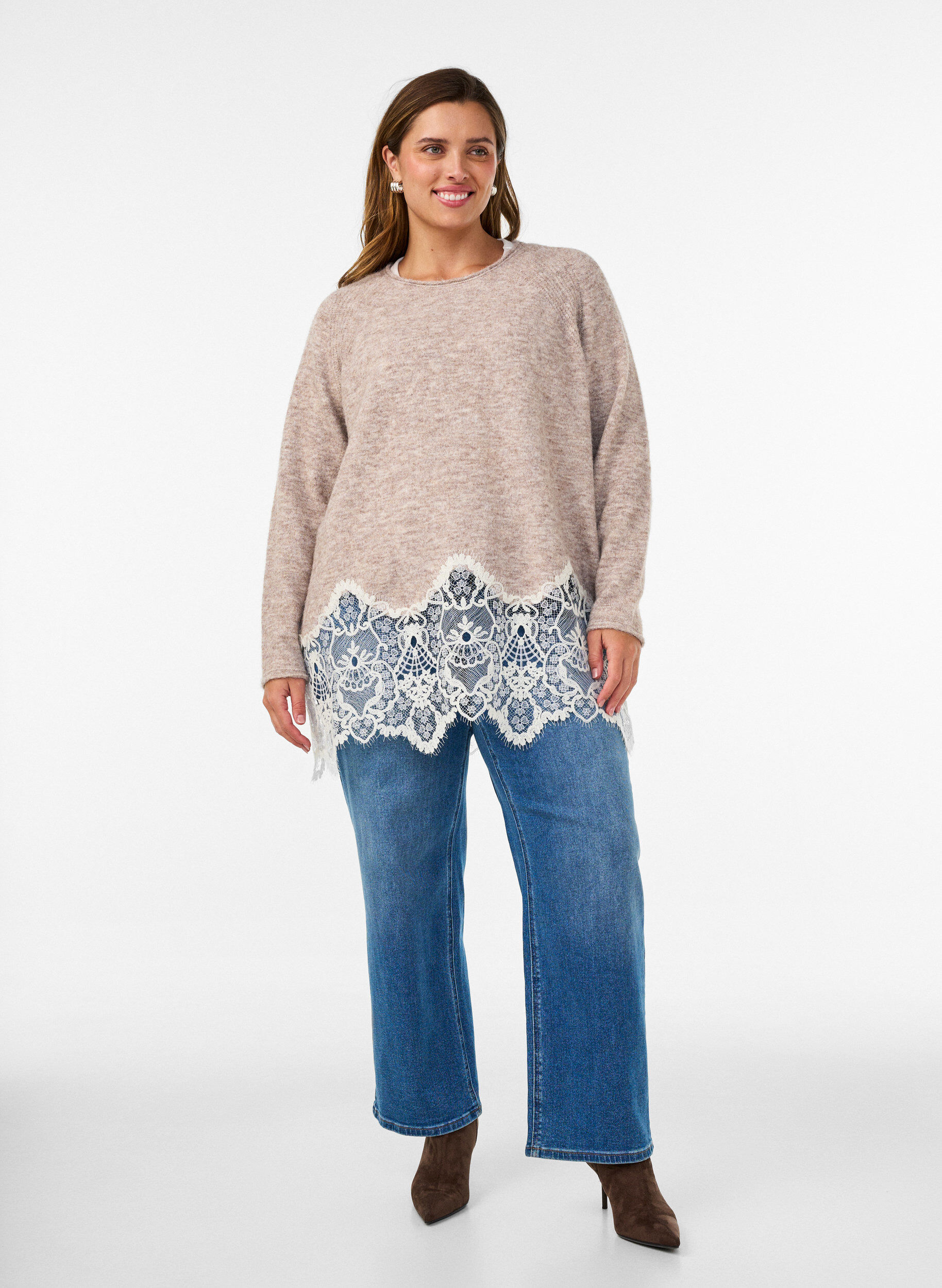 ZizziGebreide blouse met raglanmouwen en een brede kanten rand, Beige, Model image number 1
