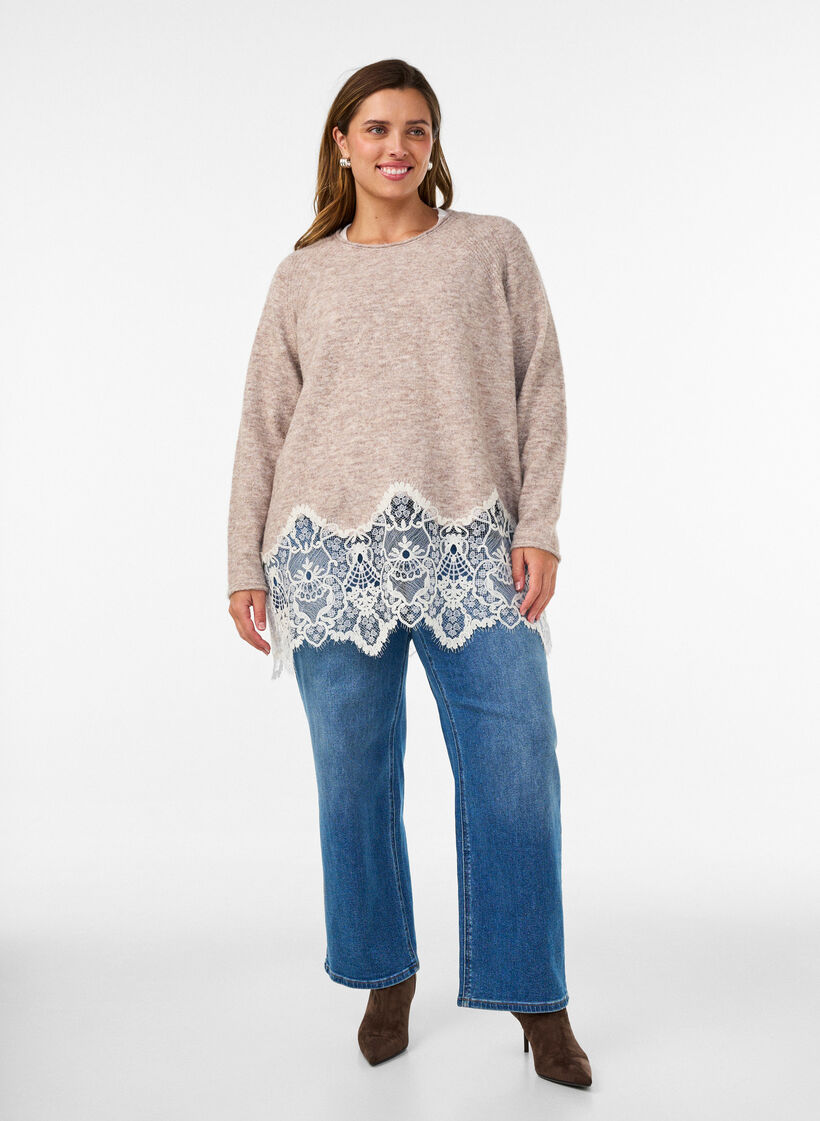 Gebreide blouse met raglanmouwen en een brede kanten rand, Beige, Model image number 1