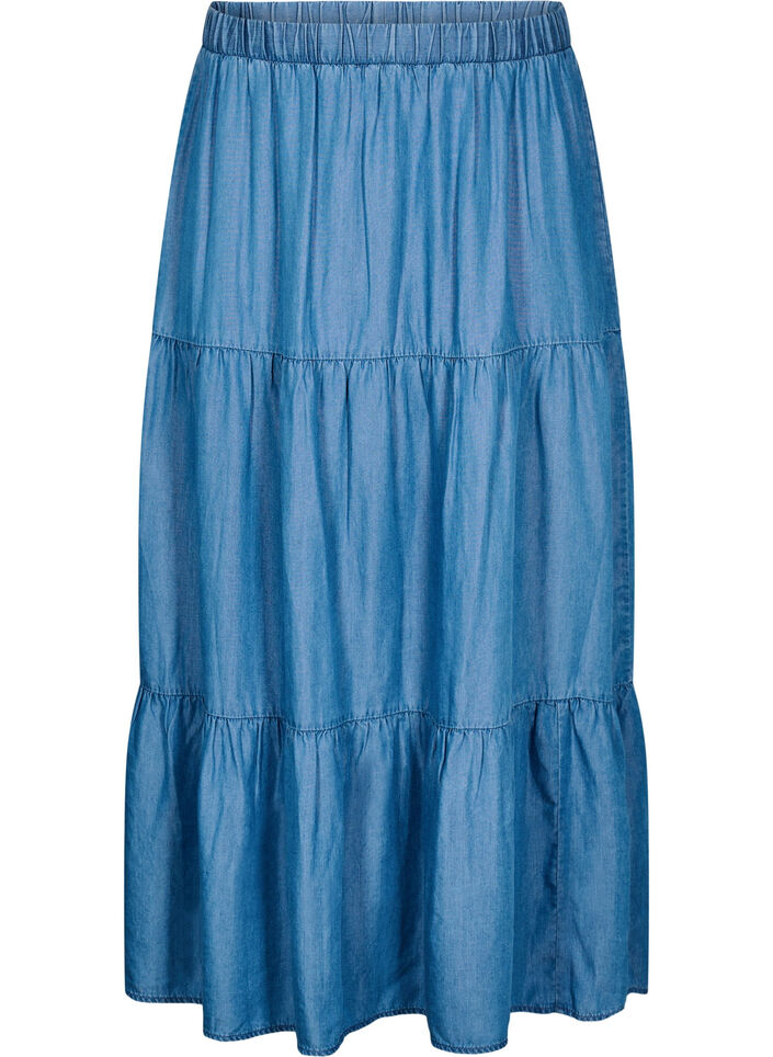 Denim maxi rok met ruches, Blauw, Packshot