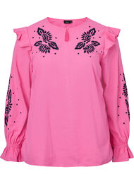 Katoenen blouse met borduursel en ruches, Pink P. w. Navy