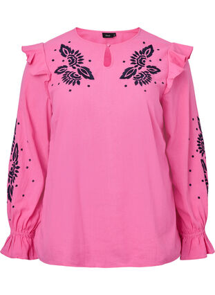 Katoenen blouse met borduursel en ruches, Pink P. w. Navy, Packshot image number 0