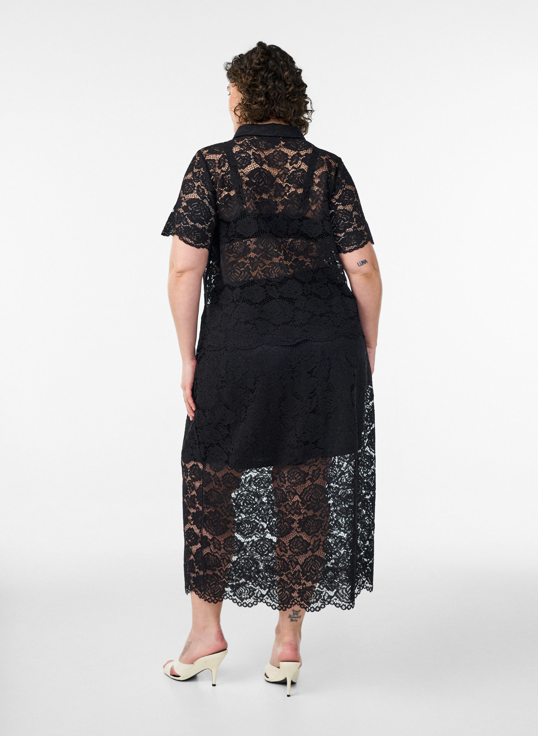ZizziKanten midirok met een elastische tailleband, Zwart, Model image number 1
