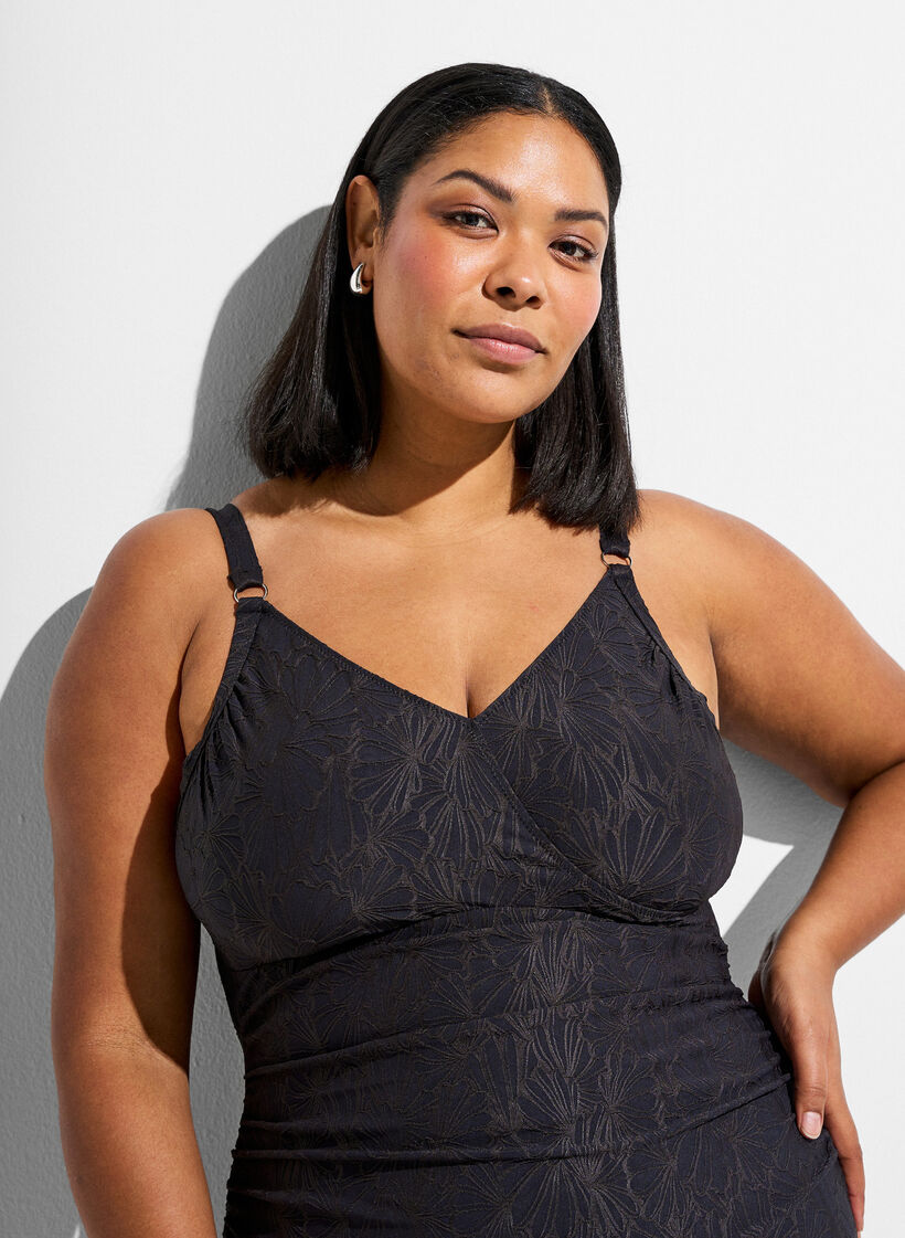 Badpak met wikkeldetail en ton-sur-ton bloementextuur, Grijs, Model image number 2