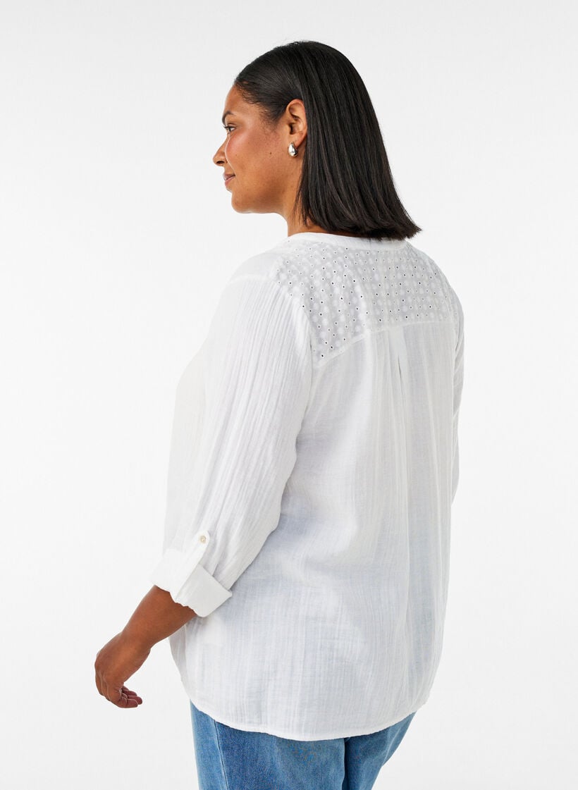 Blouse in katoenen mousseline met broderie anglaise, Wit, Model image number 1
