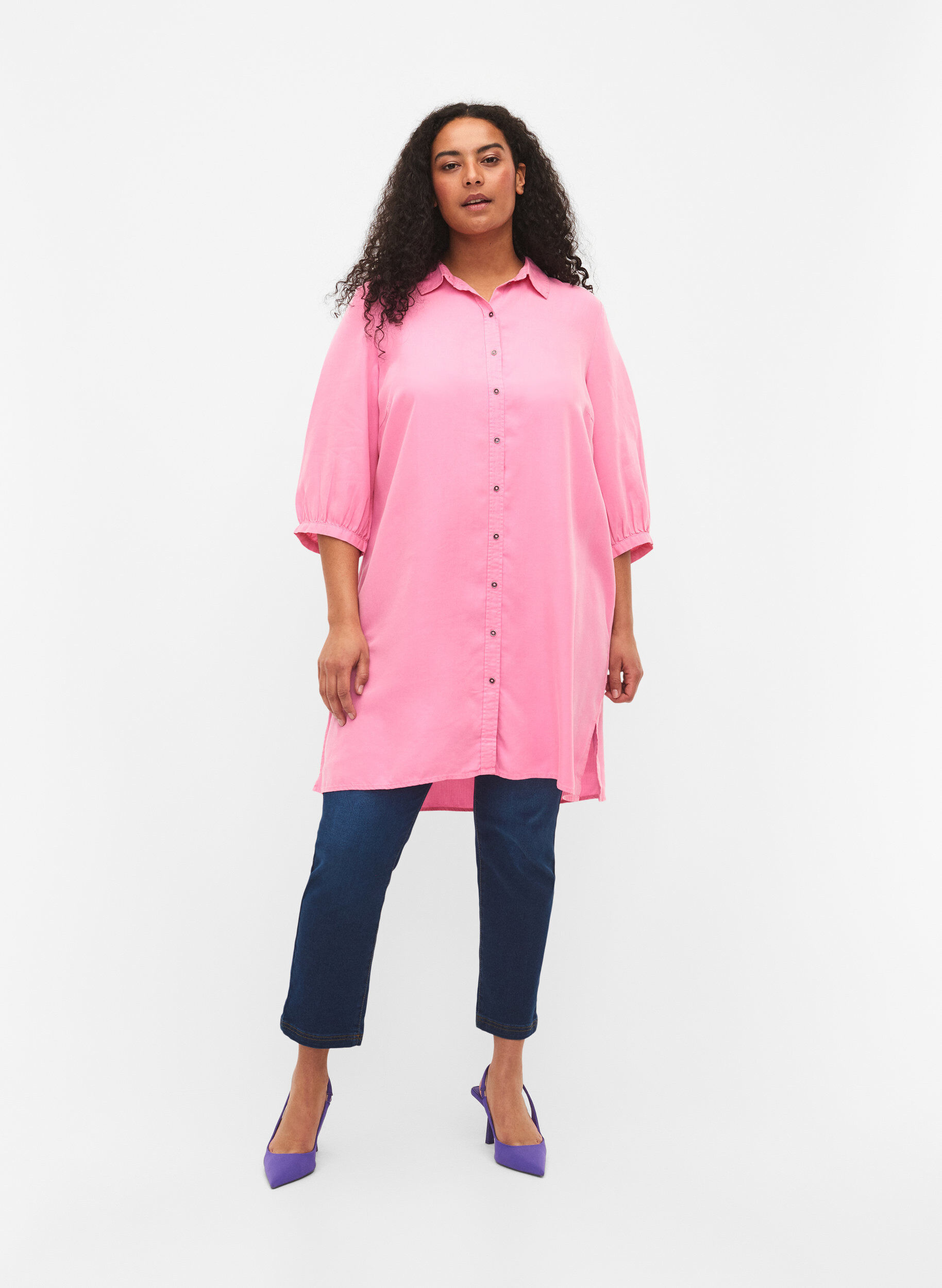 Zizzi Lang overhemd met 3/4-mouwen van lyocell (TENCEL&trade;), Rosebloom, Model image number 2