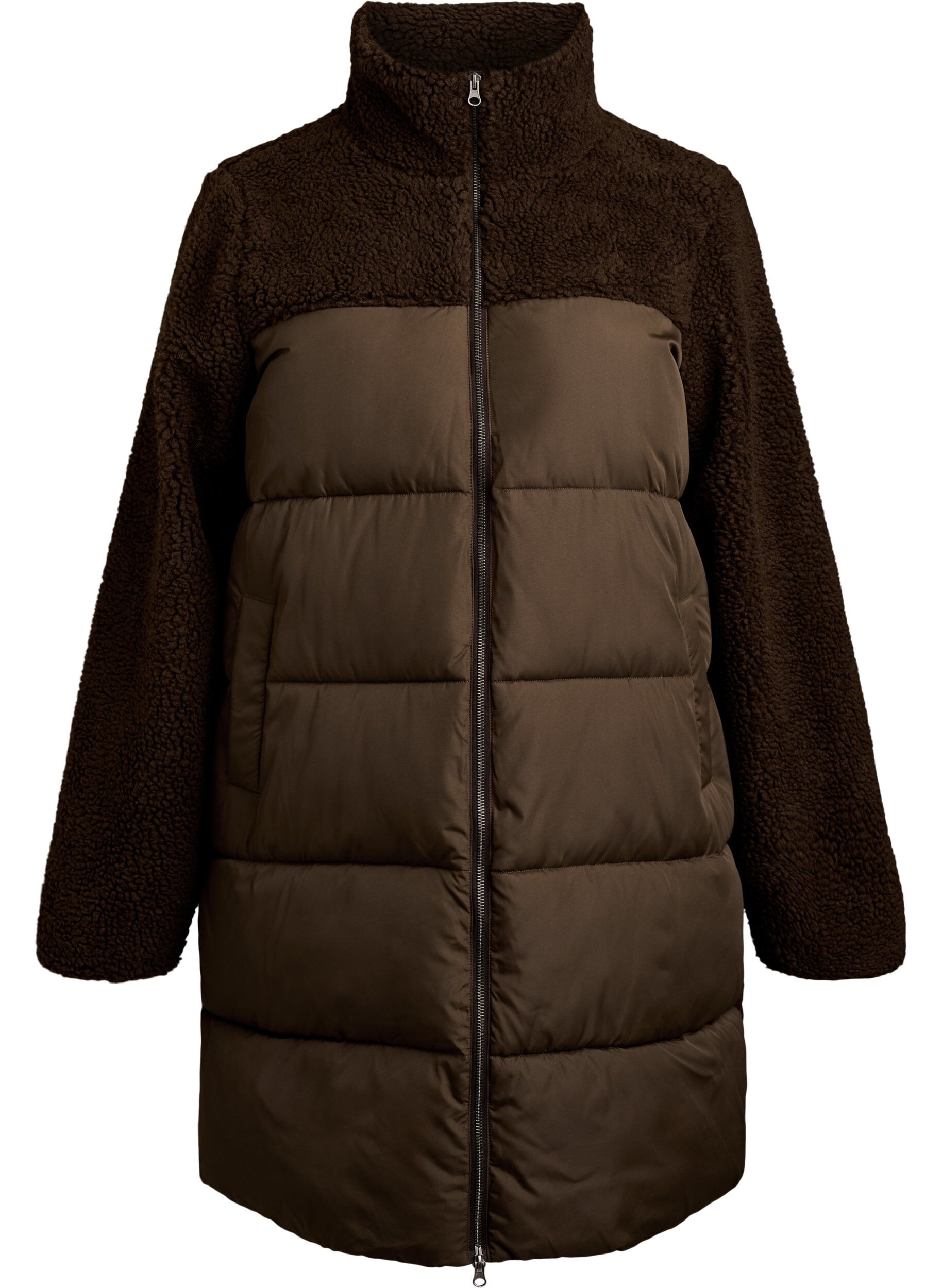 ZizziHalflange pufferjas met teddystof, Bruin, Packshot image number 0