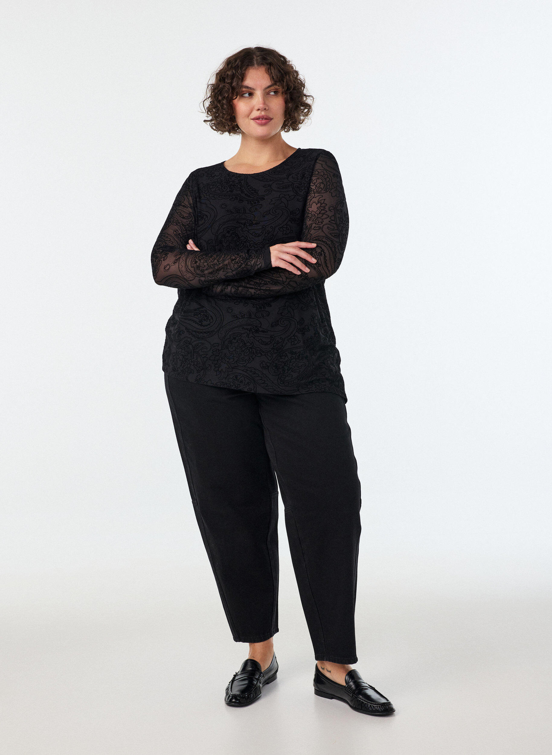 ZizziMesh blouse met paisleyprint en asymmetrische zoom, Zwart, Model image number 1