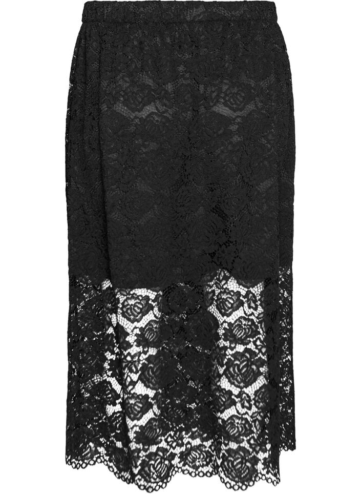 Kanten midirok met een elastische tailleband, Zwart, Packshot image number 1