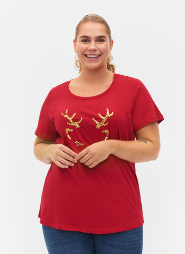 Kerst t-shirt in katoen, Tango Red Reindeer, Model image number 0