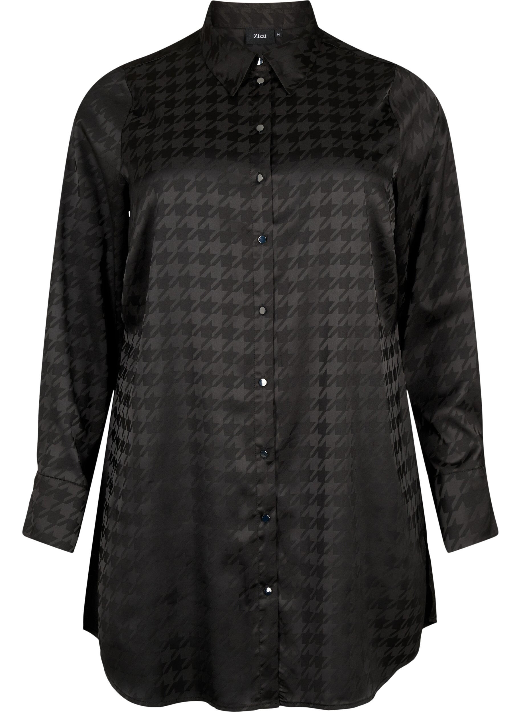 Zizzi Lang shirt met pied-de-poule patroon, Black, Packshot image number 0