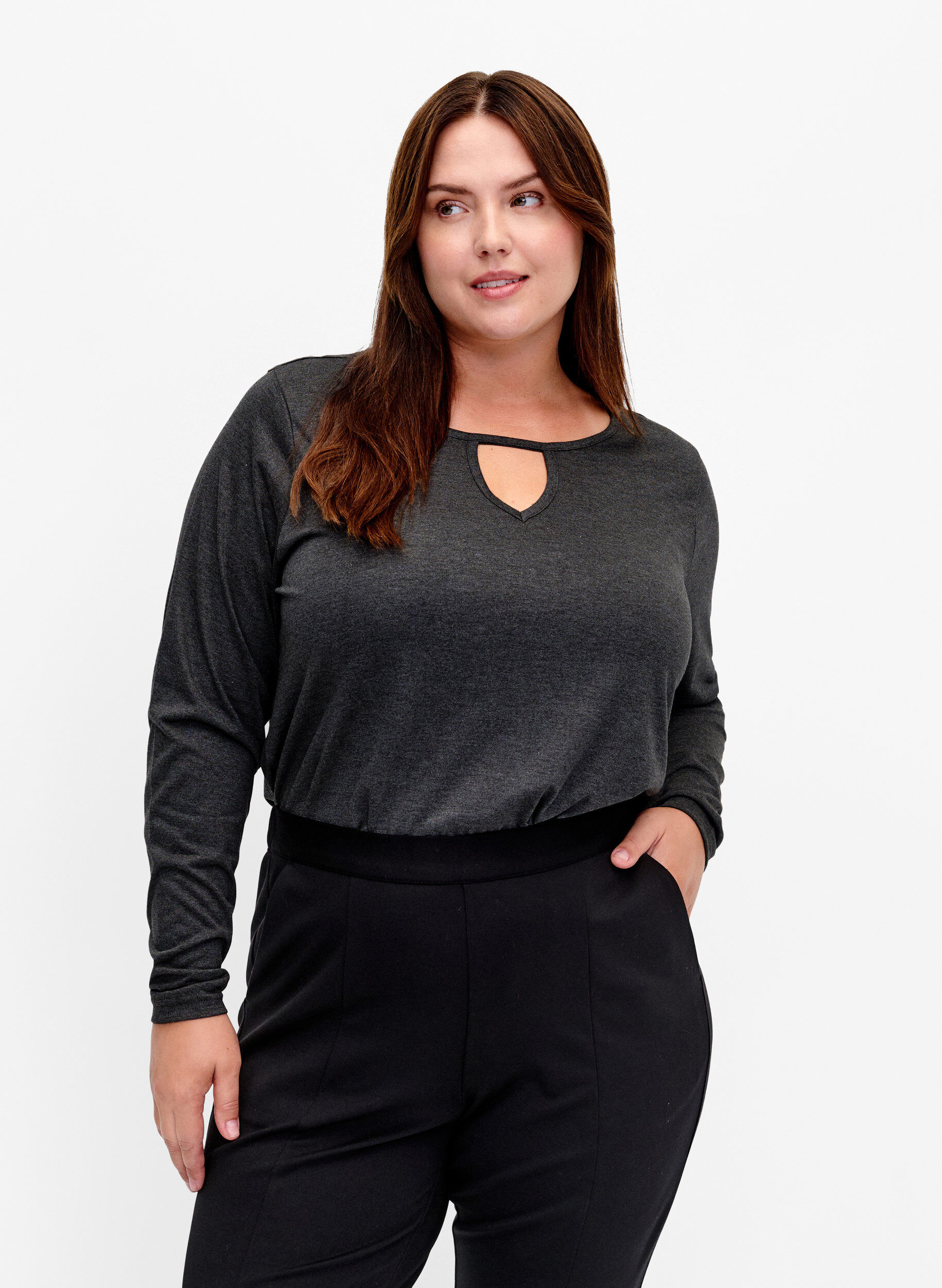 Zizzi Gem&ecirc;leerde blouse met lange mouwen, Black Mel. , Model image number 0