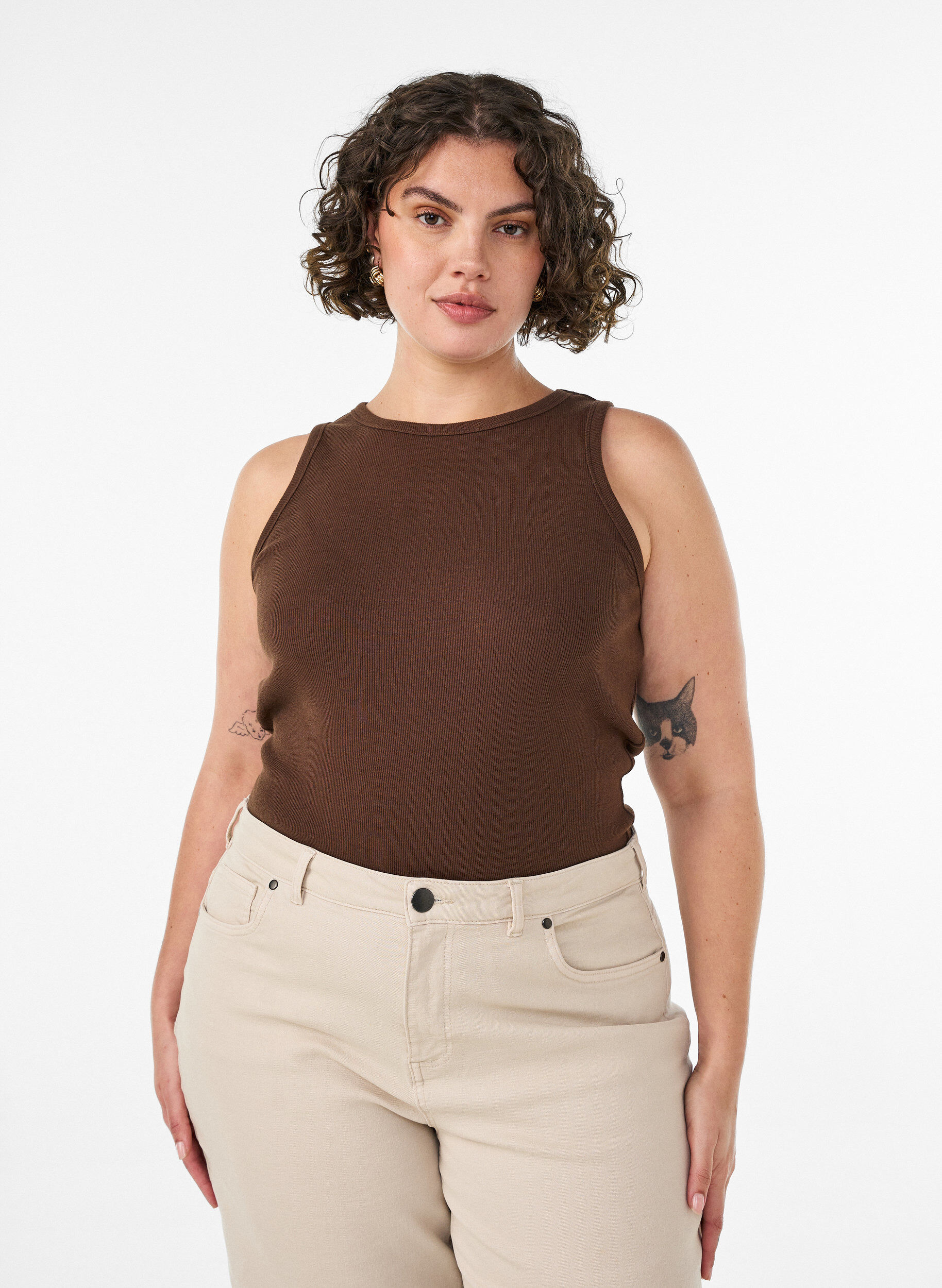 ZizziKatoenen ribtop met hoge hals, Bruin, Model image number 0