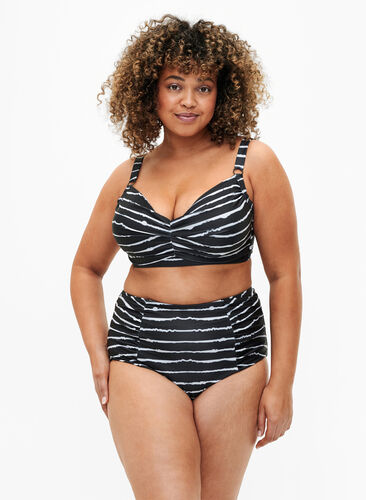 Gestreept bikinibroekje met hoge taille, Black White Stripe, Model image number 0