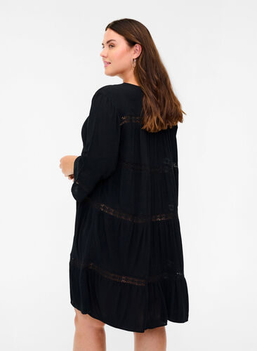 Viscose jurk met a-lijn en kanten lint, Black, Model image number 1