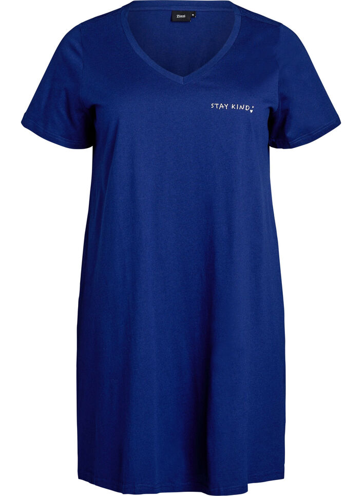 Organische katoenen nachtjapon met V-hals, Blauw, Packshot image number 0