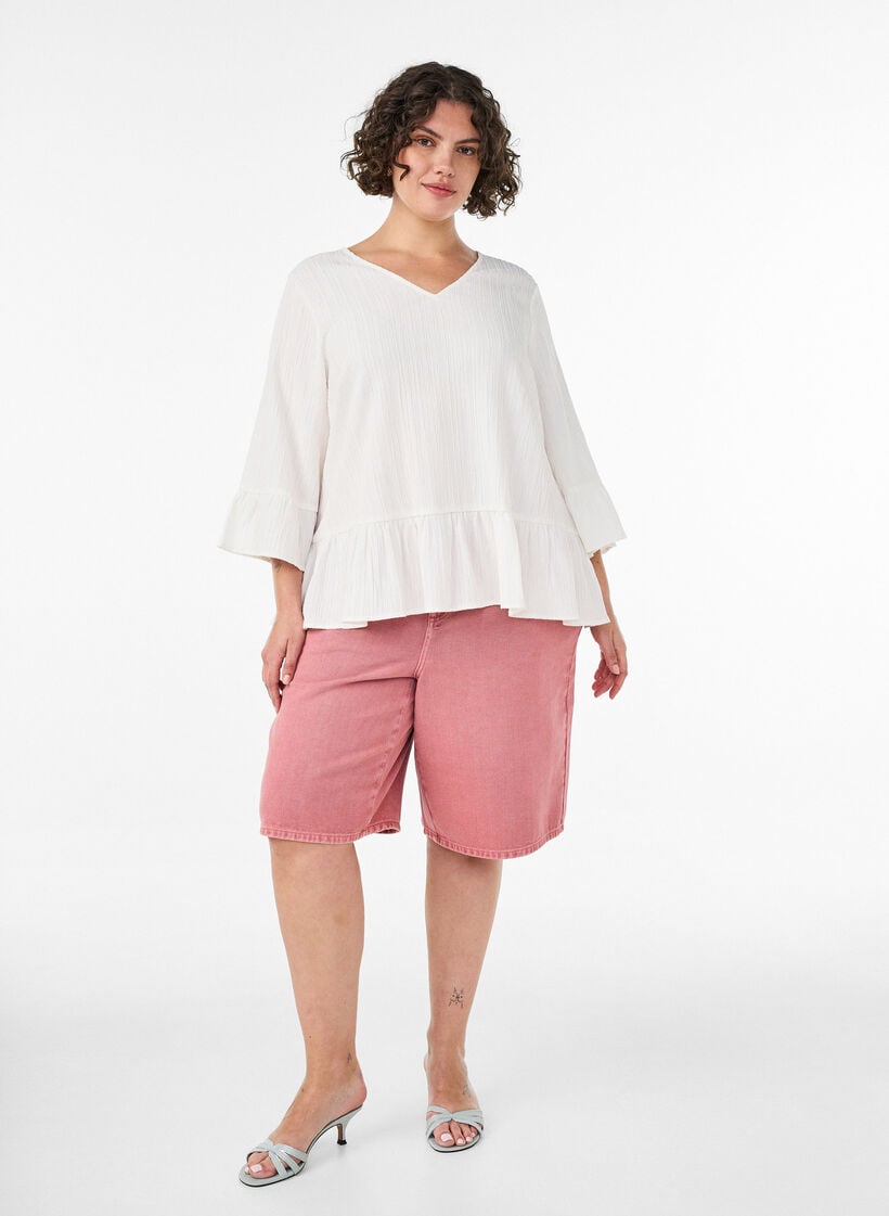 Blouse met textuur, V-hals en ruches, Vanille, Model image number 1