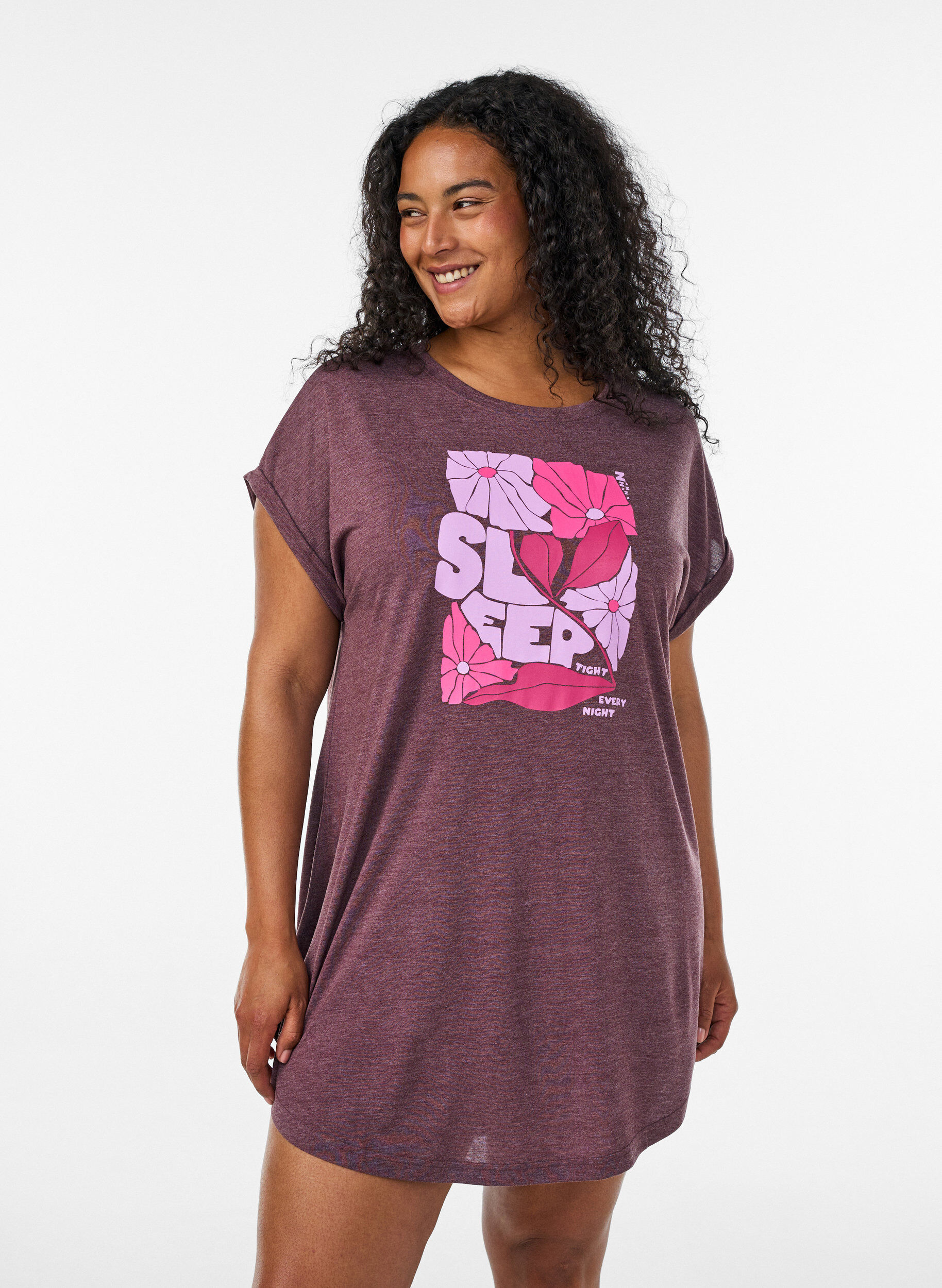 Nachtjapon met korte mouwen en tekstopdruk, Donker Bordeaux, Model