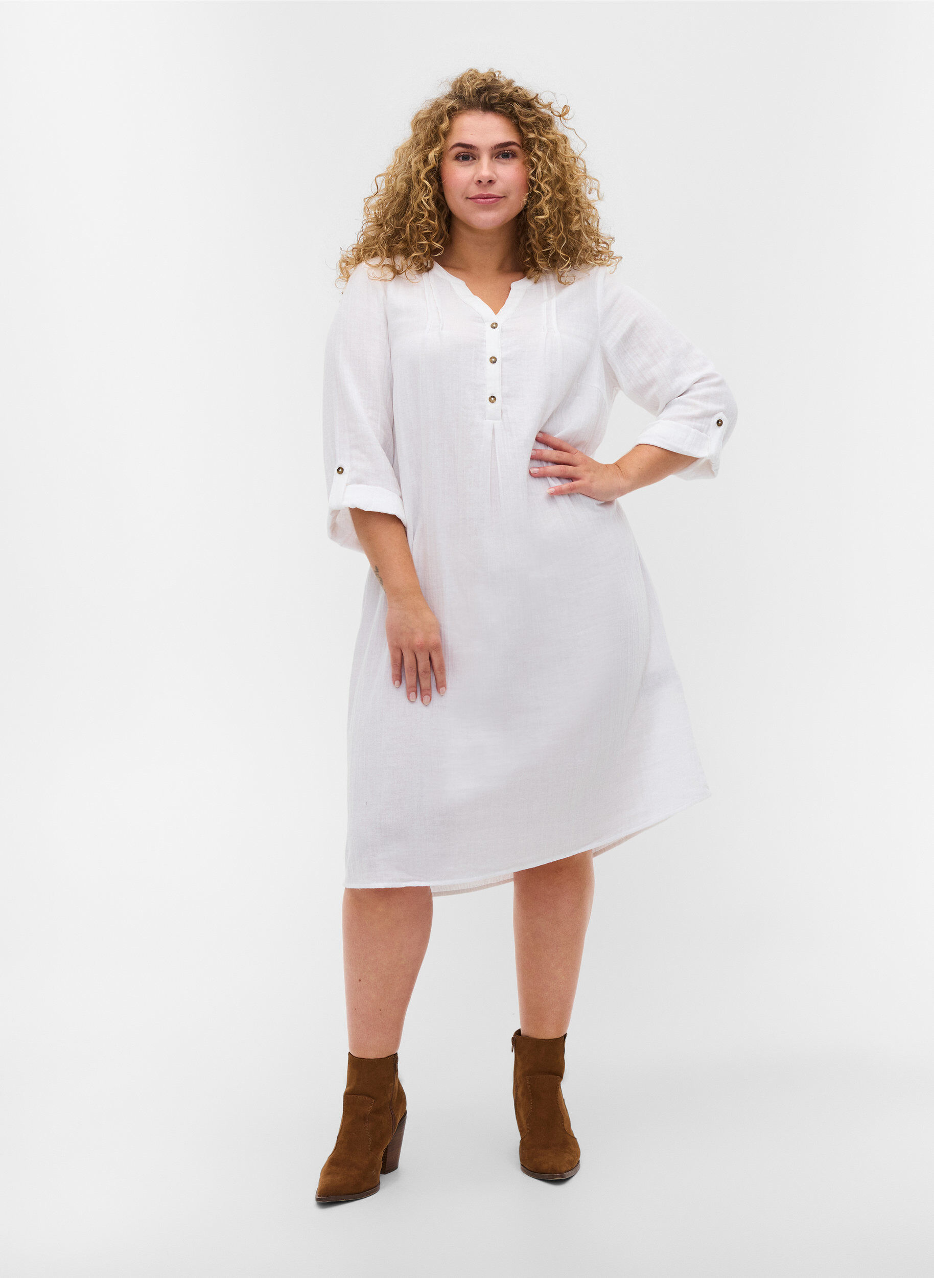Zizzi Katoenen jurk met 3/4 mouwen, Bright White, Model image number 2