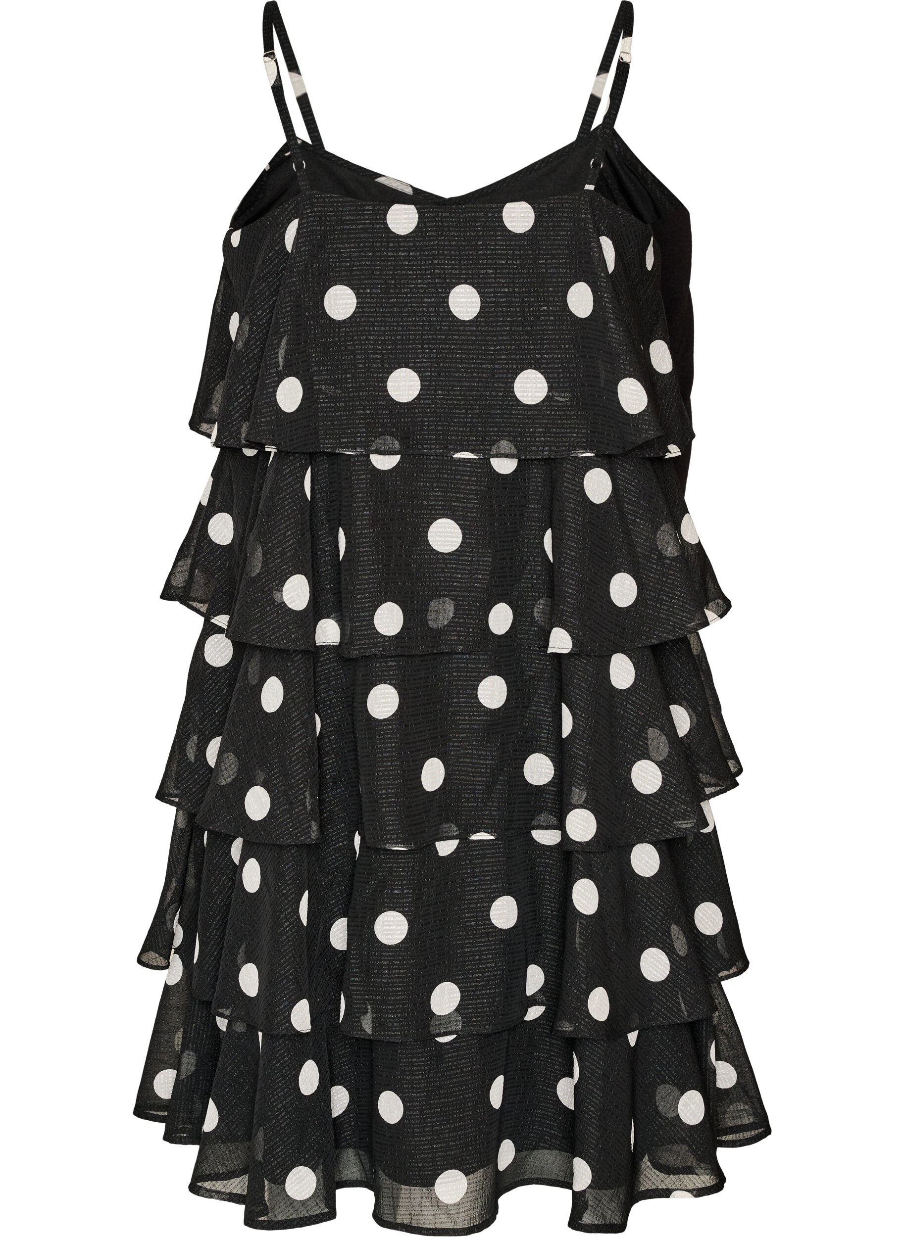 ZizziGelaagde jurk met ruches en spaghettibandjes, Zwart, Packshot image number 1