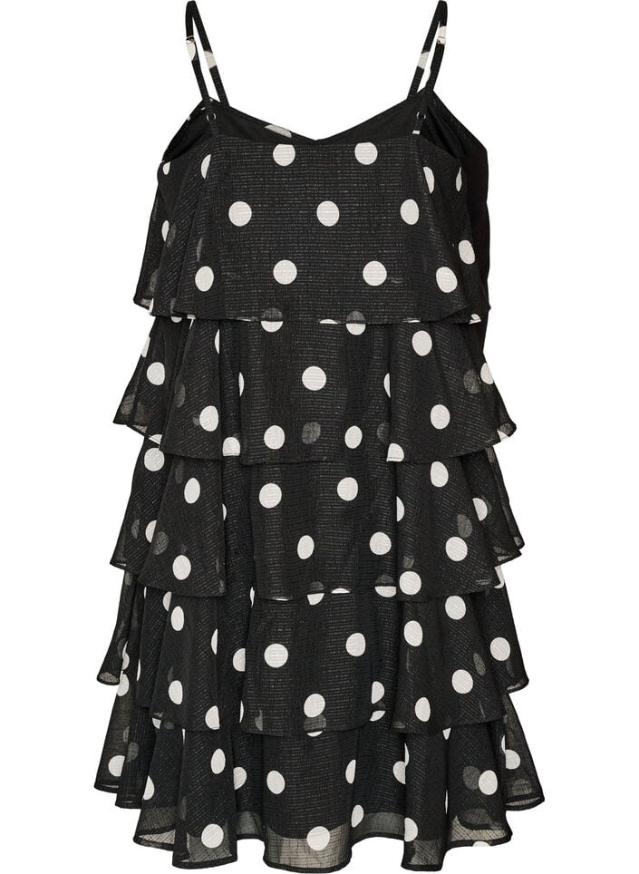 Gelaagde jurk met ruches en spaghettibandjes, Zwart, Packshot image number 1