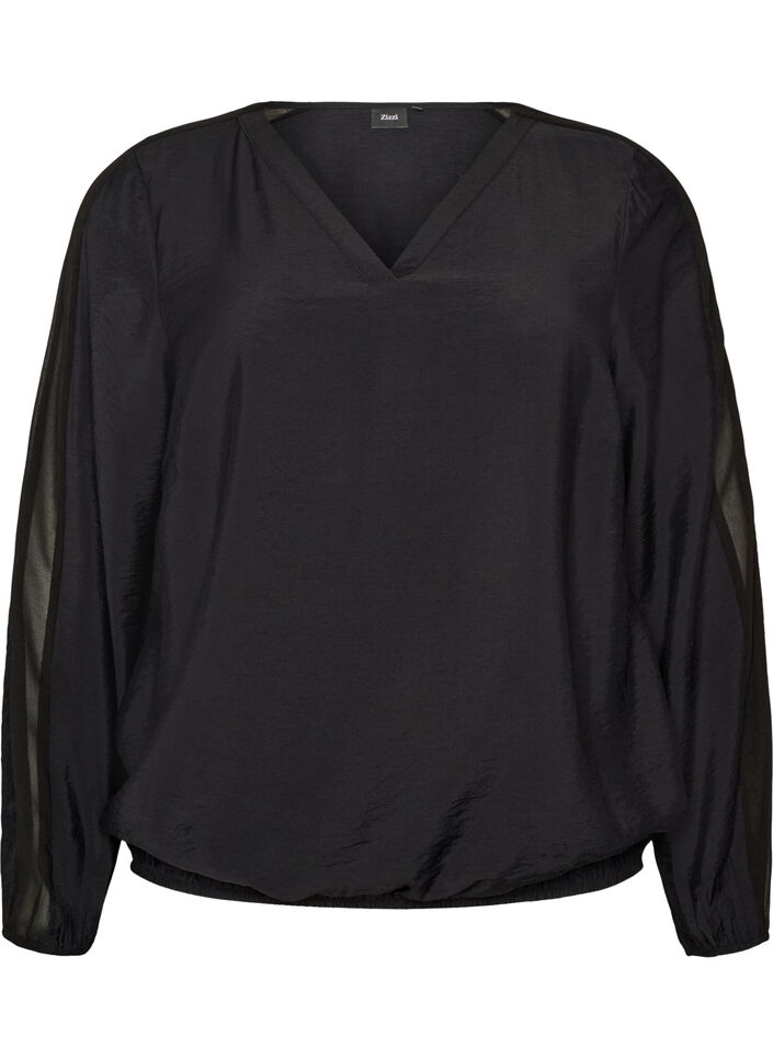Blouse met balloneffect en chiffondetails, Zwart, Packshot image number 0
