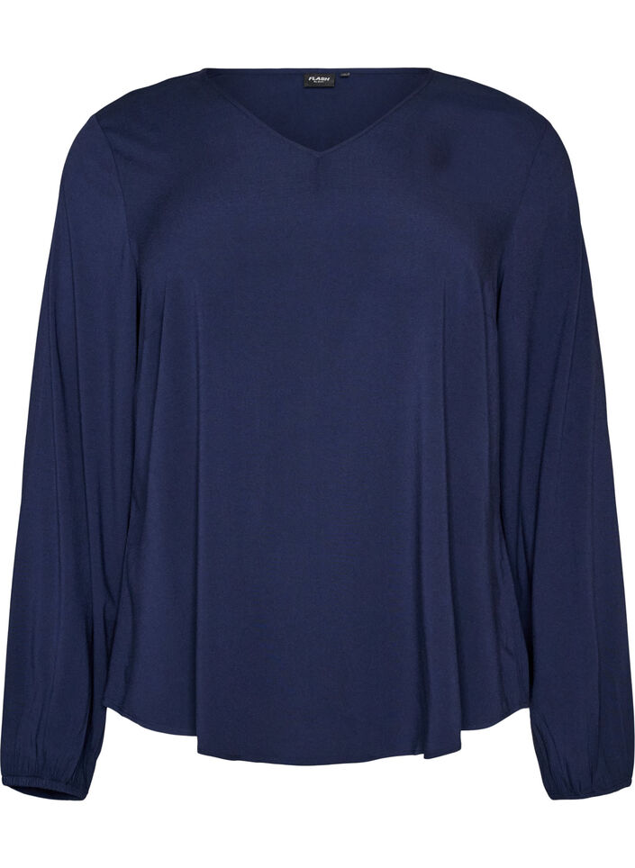 Viscose blouse met V-hals en afgeronde zoom, Blauw, Packshot image number 0