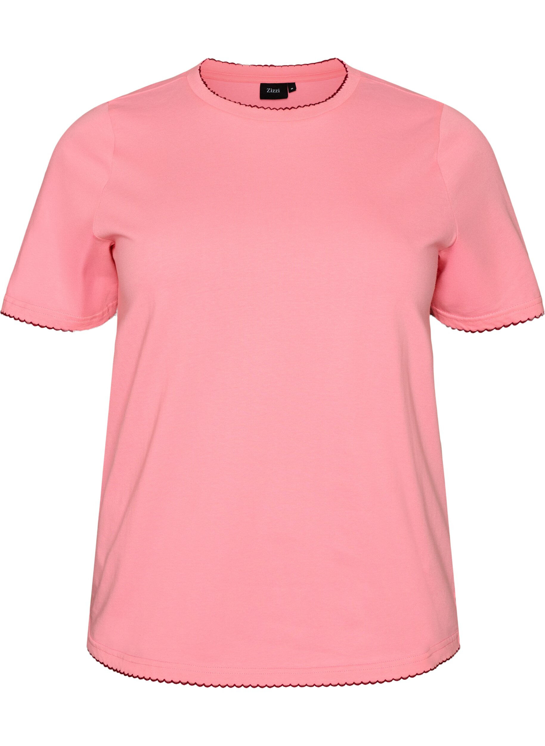 ZizziKatoenen T-shirt met golvende contrasterende randen, Roze, Packshot image number 0