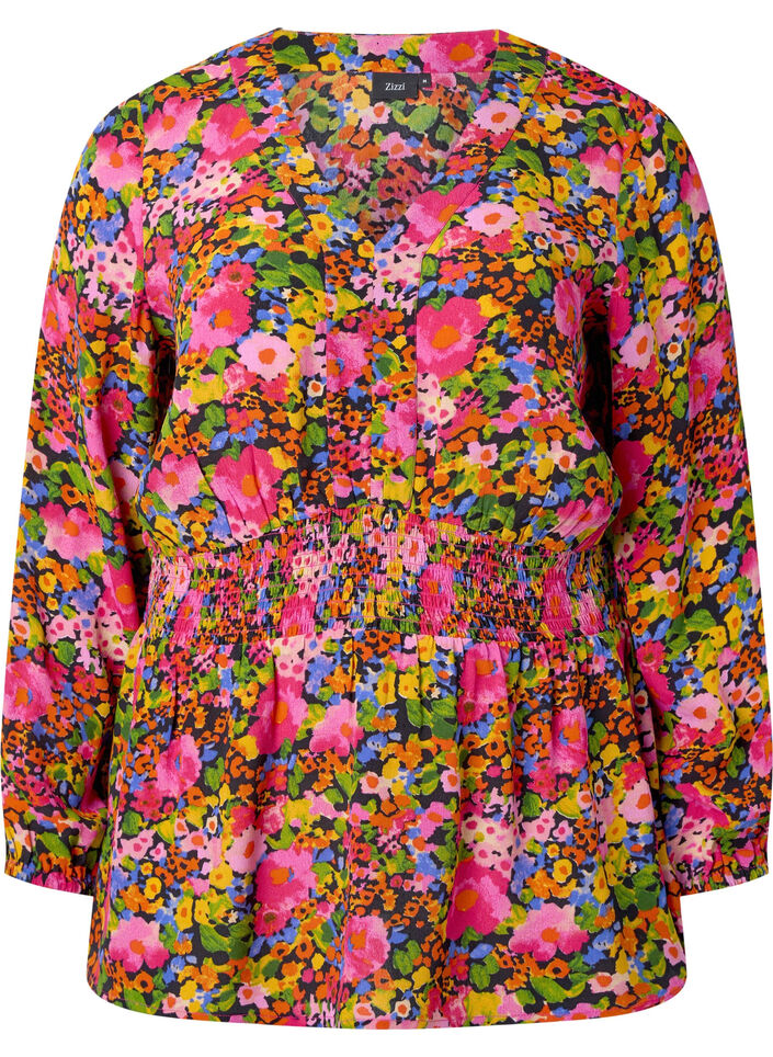 Viscose blouse met bloemenprint en smok, Neon Flower Print, Packshot image number 0