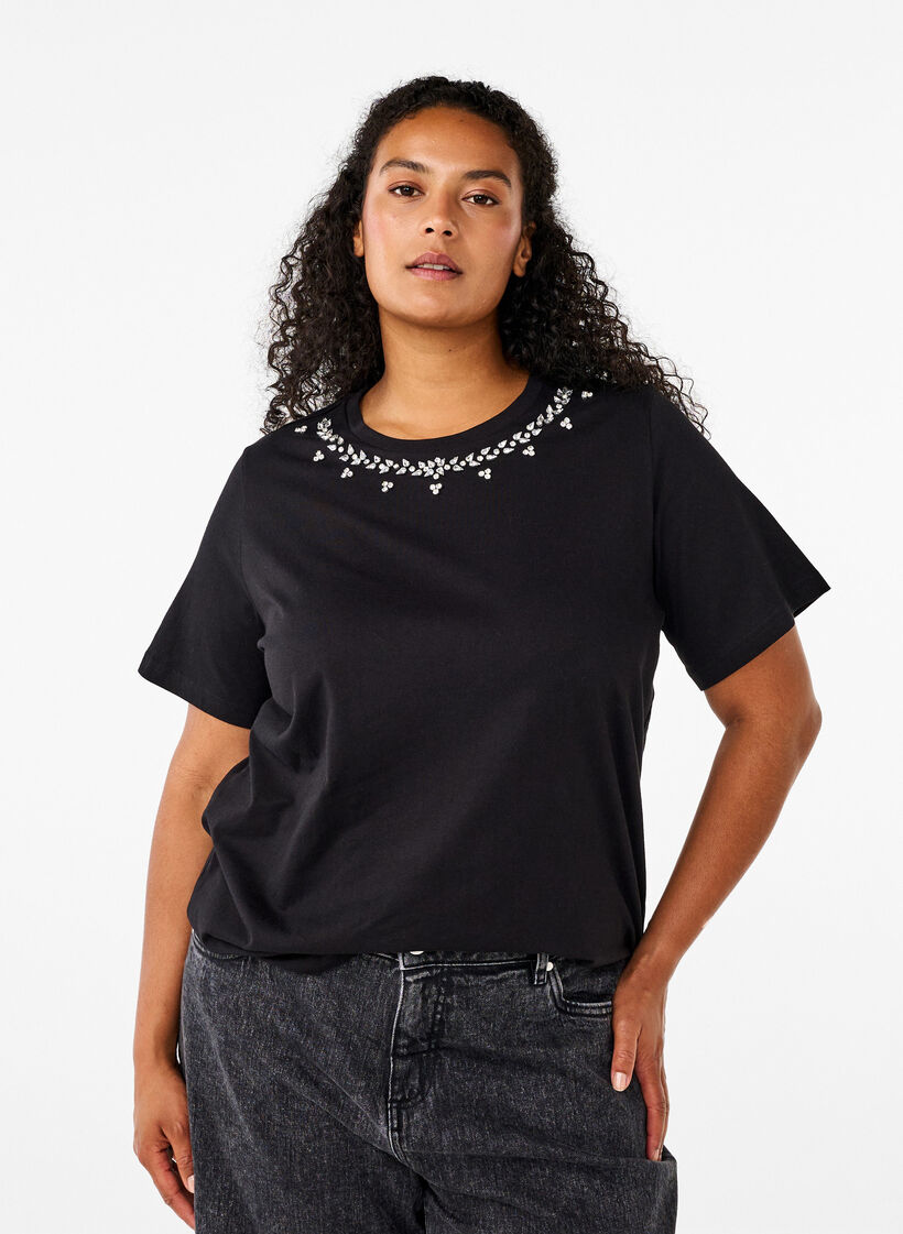T-shirt met ronde hals en strass-steentjes, Black, Model image number 0