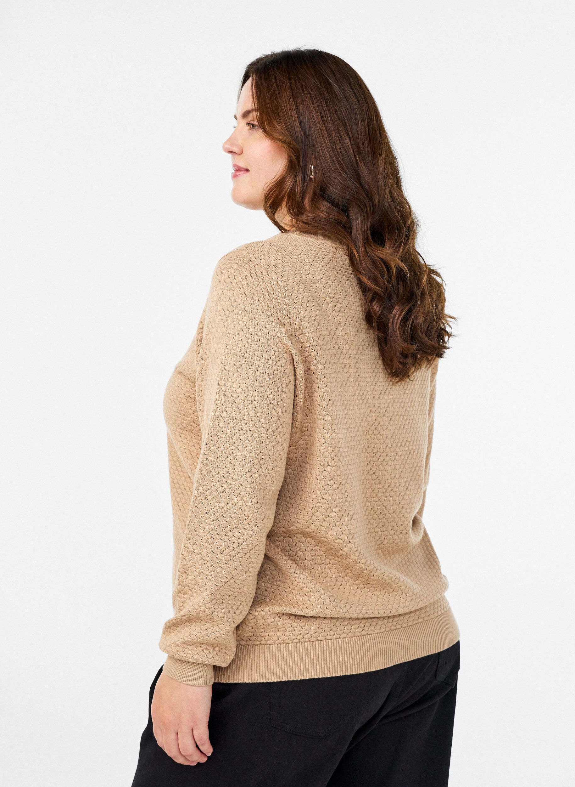 Zizzi Gebreide blouse van katoen met structuurpatroon, Beige, Model image number 2