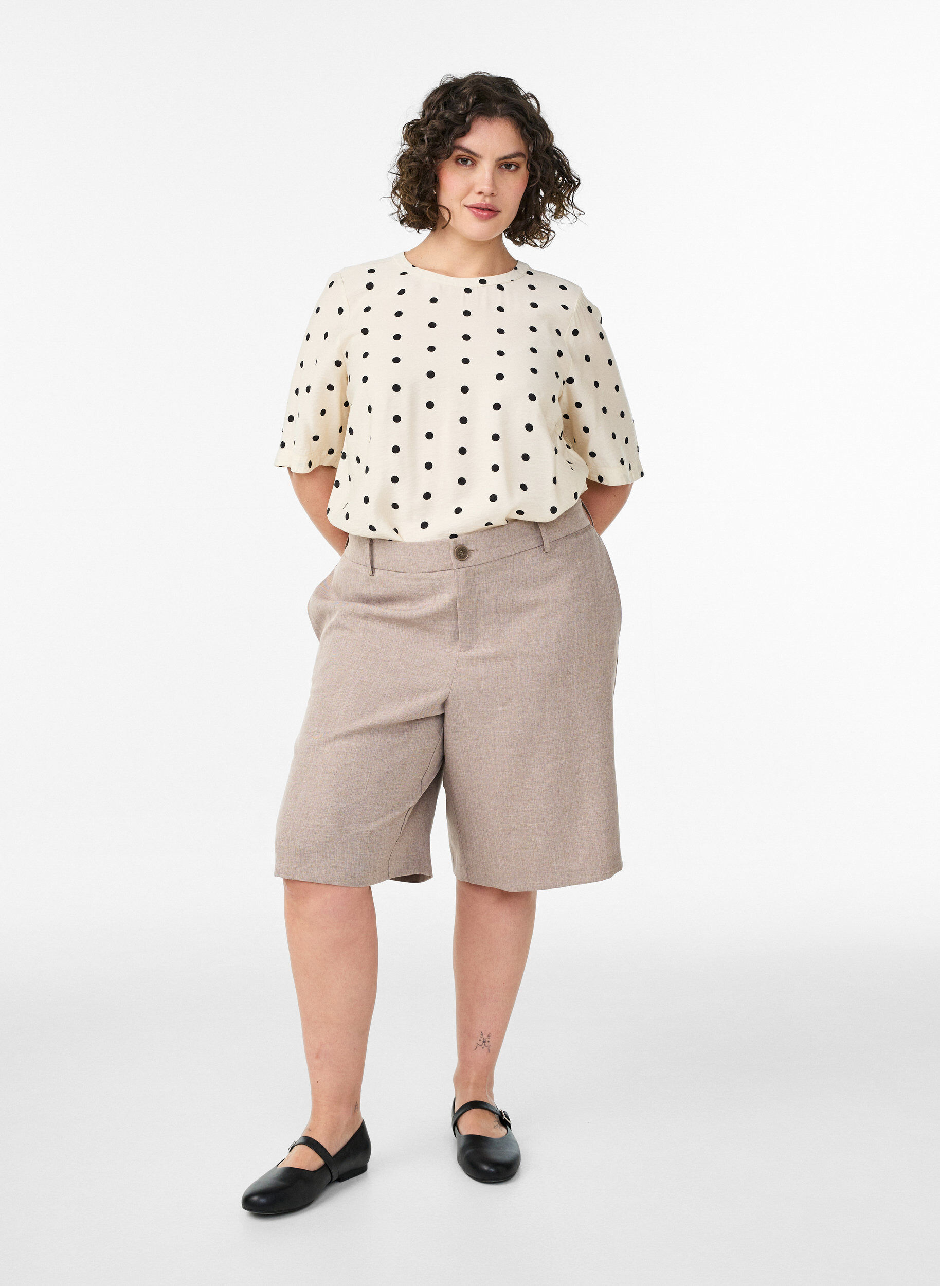 ZizziViscose blouse met spots en mouwen 1/2, Vanille, Model image number 1