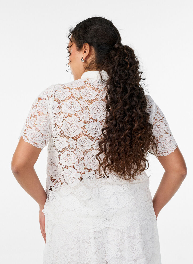 Kanten shirt blouse met parelknopen, Wit, Model image number 2