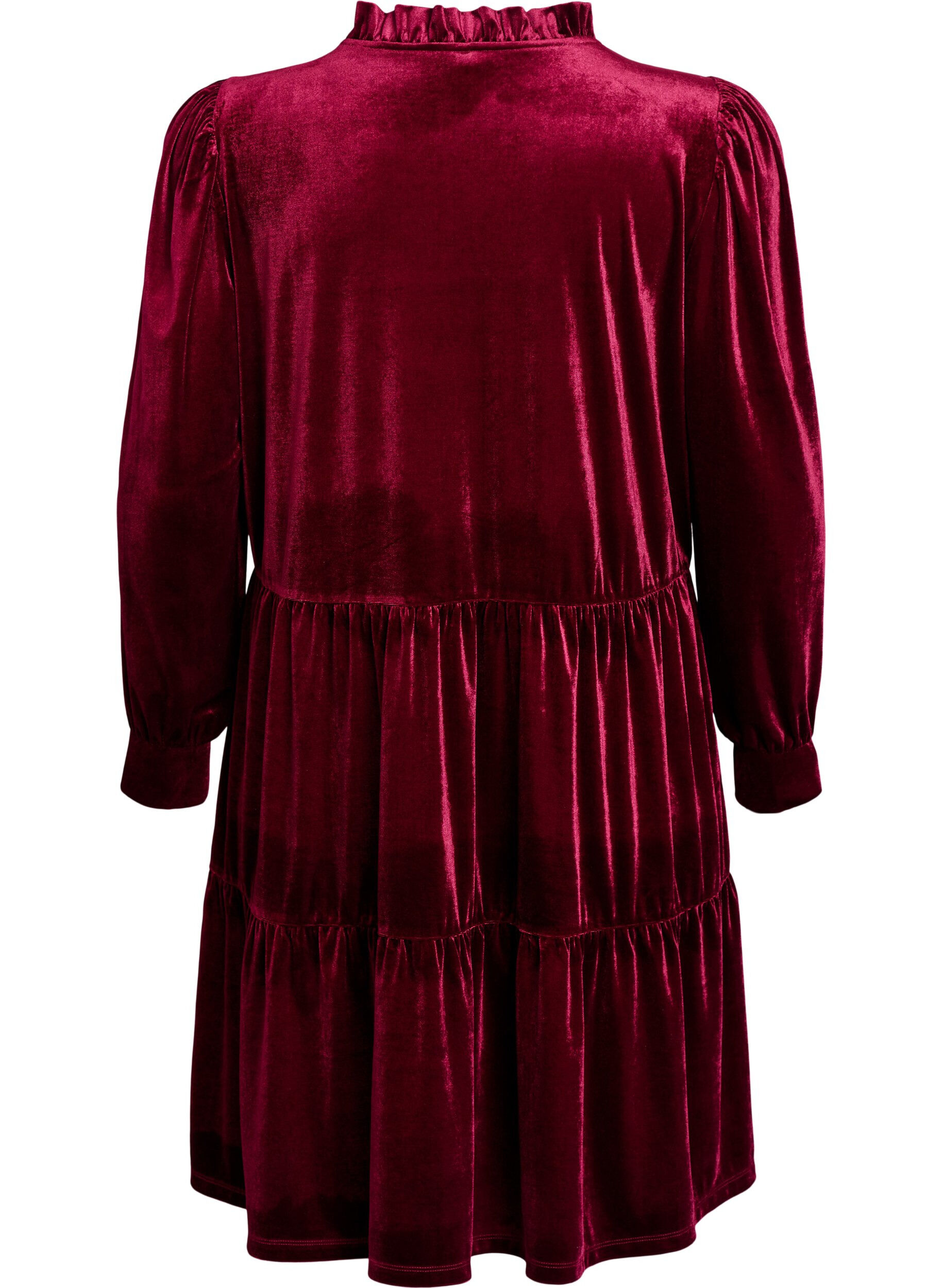 ZizziVeloursjurk met lange mouwen en een ruchekraag, Rood, Packshot image number 1